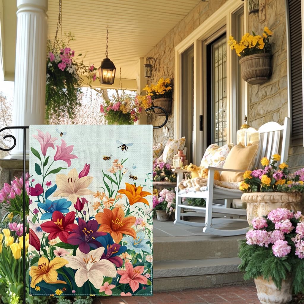 Spring Lily Colorful Floral Garden Flag 12x18 Inch Double Sided Welcome Summer Bee Flower Yard Outdoor Flag House Holiday Outside Decoration - Image 5