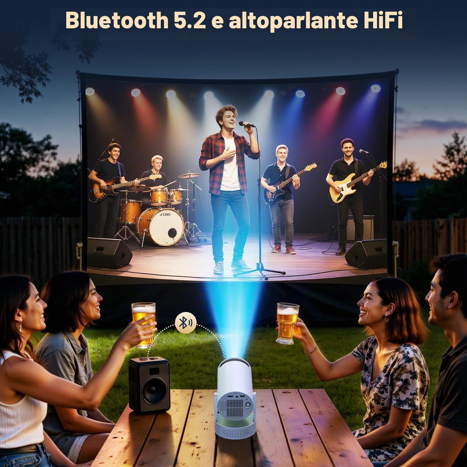 Videoproiettore Portatile con Batteria, Mini Proiettore con supporto risoluzione 4K Android TV 11 WiFi 6 Bluetooth, 3 Ore Autonomia, Esterno Campeggio Giardino, 220° Rotazione, Cinema Casa All'Aperto