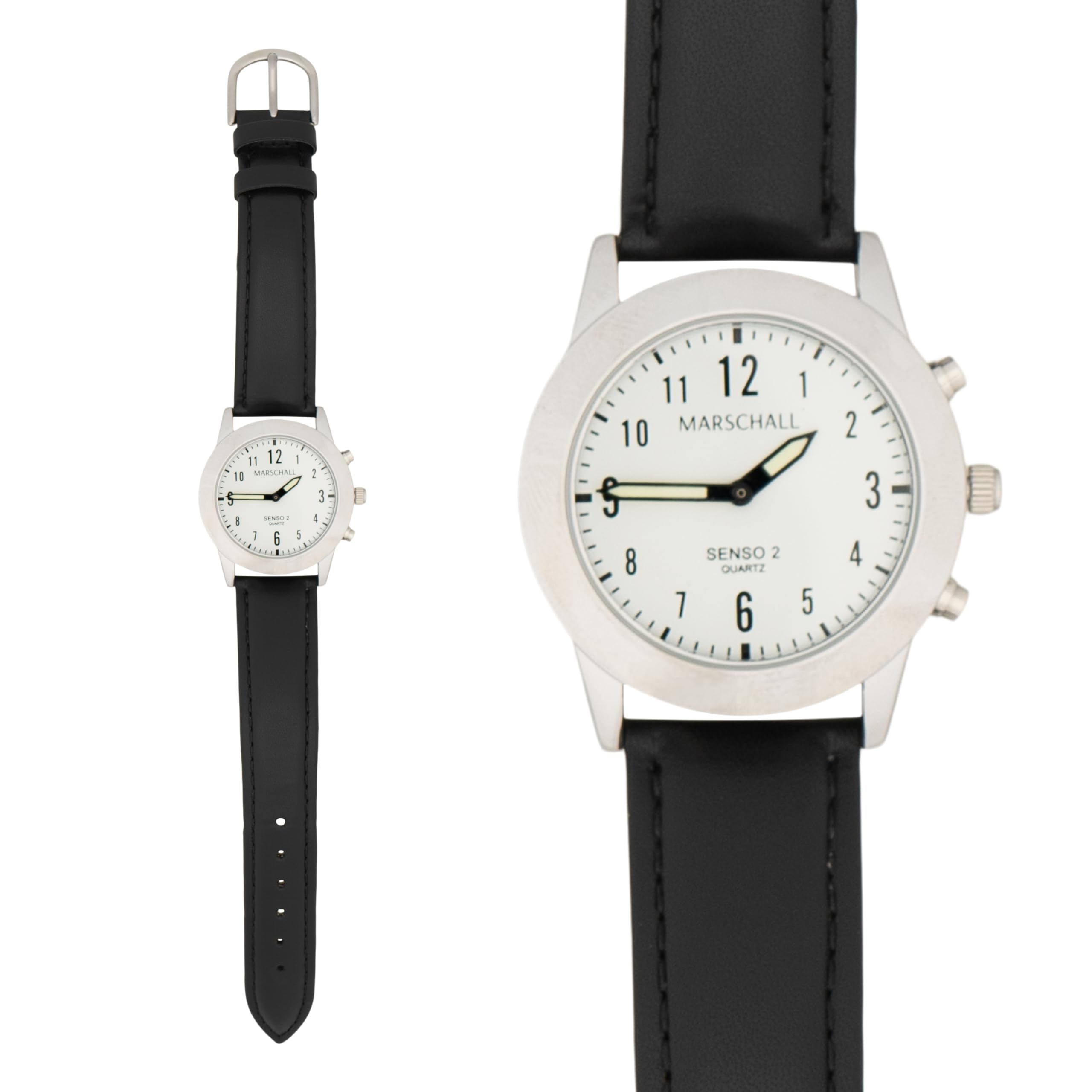 Marschall Senso Deutsch sprechende Damen Armbanduhr I S-DL 2 I Mit Touch Funktion I Für Blinde, Senioren und Demenzkranke I Datum- und Zeitansage I Schwarzes Lederarmband