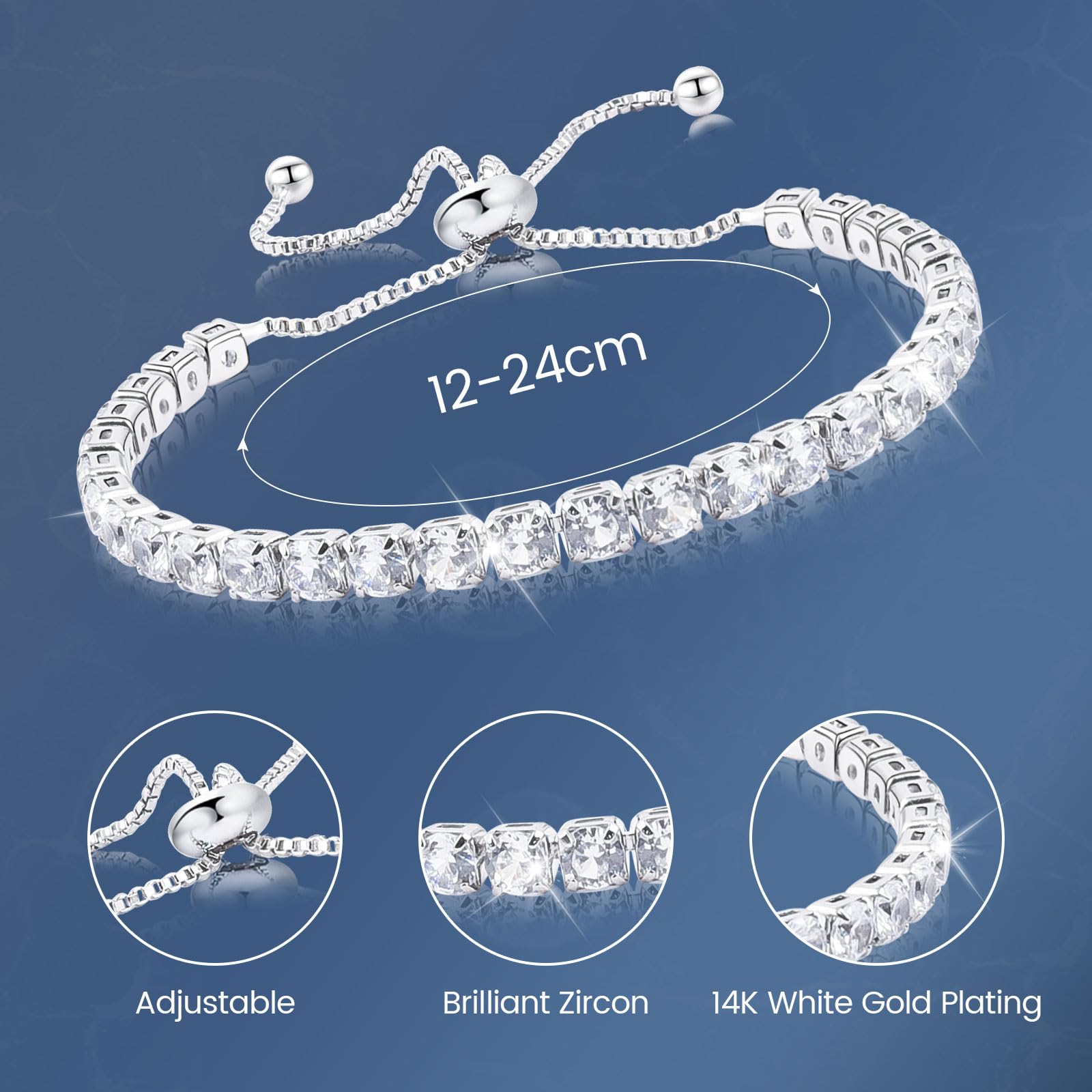 Bracciale Tennis Donna In Argento Regalo Da Donna Placcato Oro Bianco 14k Idee Di Gioielli Per Fidanzate, Madri, Amiche, Figlie, Lei