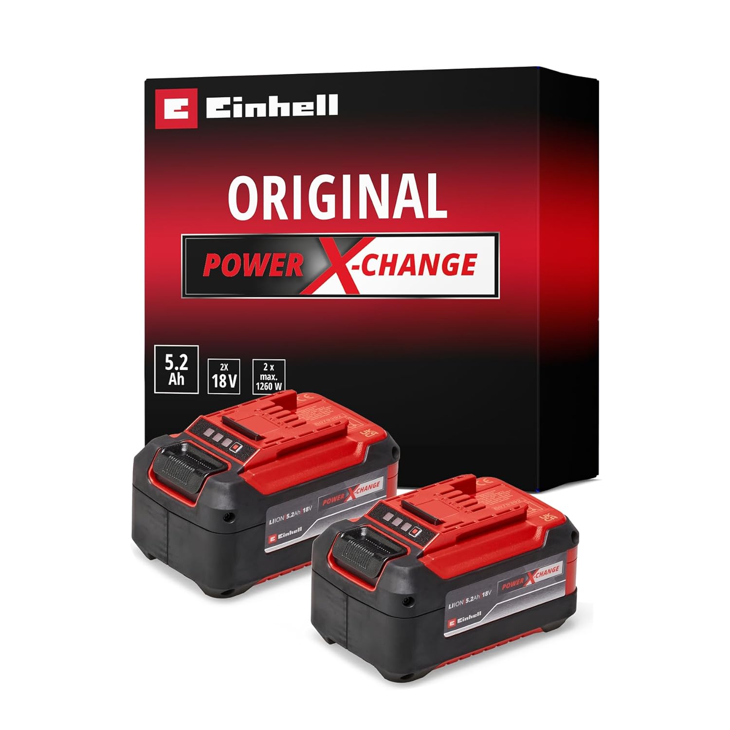 Original Einhell Akku PXC-Twinpack 5,2 Ah Power X-Change (Li-Ion, 18 V, 2x 5,2 Ah-Akkus, universell für alle PXC-Geräte, proaktives Batteriemanagement, angepasste Ladezyklen)