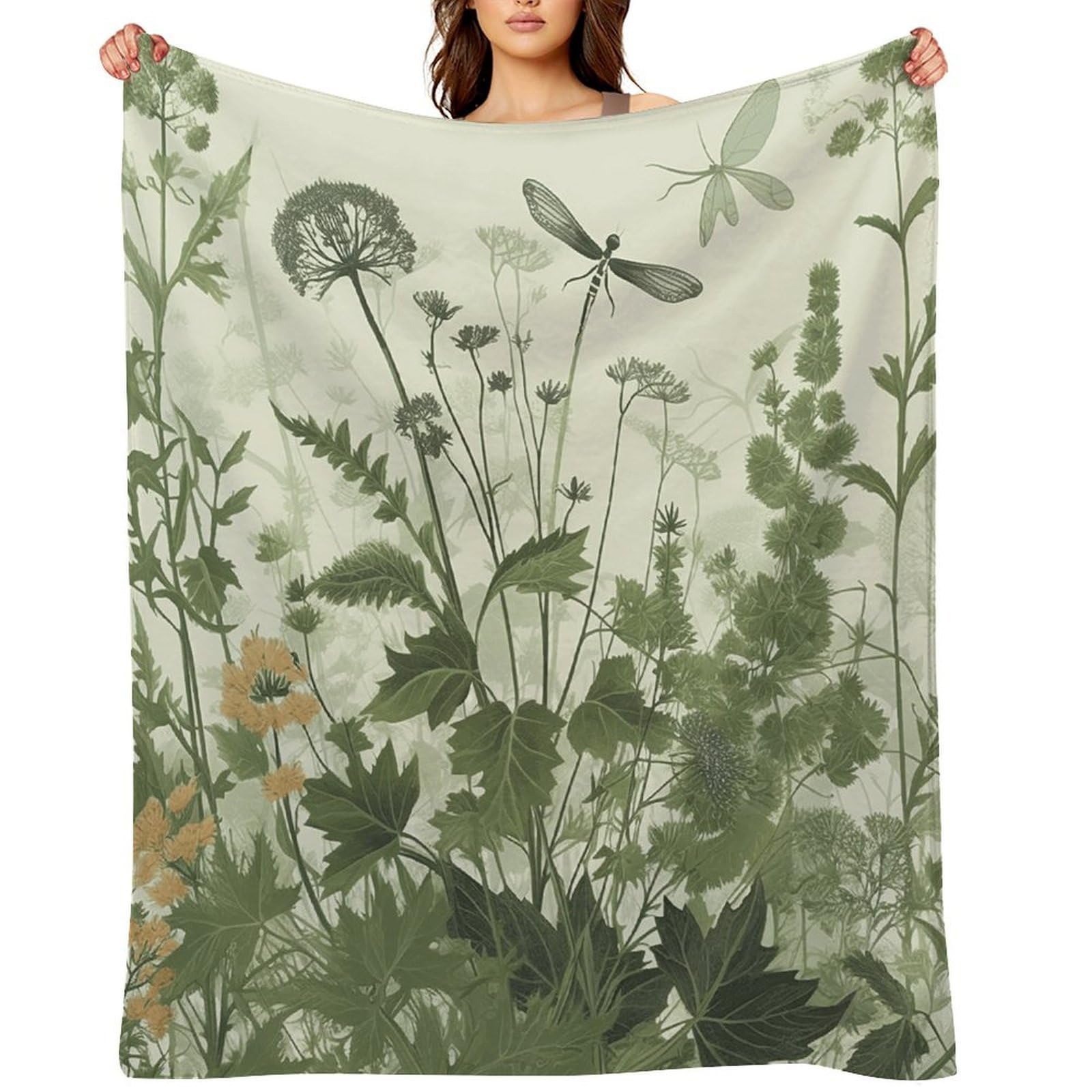 Foliage and Herbs with Dragonflies Winged Throw Blanket for Couch and Bed Super Soft Warm Lightweight Throw Blankets Cozy Fuzzy Flannel Blanket Personalized Decorative Blankets for Sofa Decor 60"x80"
