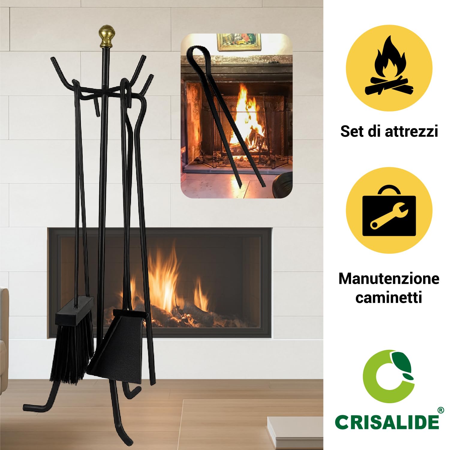 Crisalide® Set Attrezzi Camino in Ferro Battuto, 4 Pezzi - Elegante e Robusto, Strumenti per Caminetti, Pulizia Caminetti (58CM)