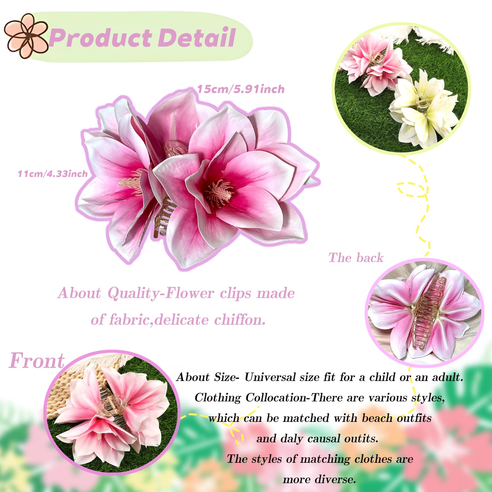 Pinzas para el pelo con flores para cabello grueso, fuerte sujeción antideslizante, hawaiano, lindas pinzas grandes para cabello fino, accesorios para el cabello para mujeres y niñas, regalos de