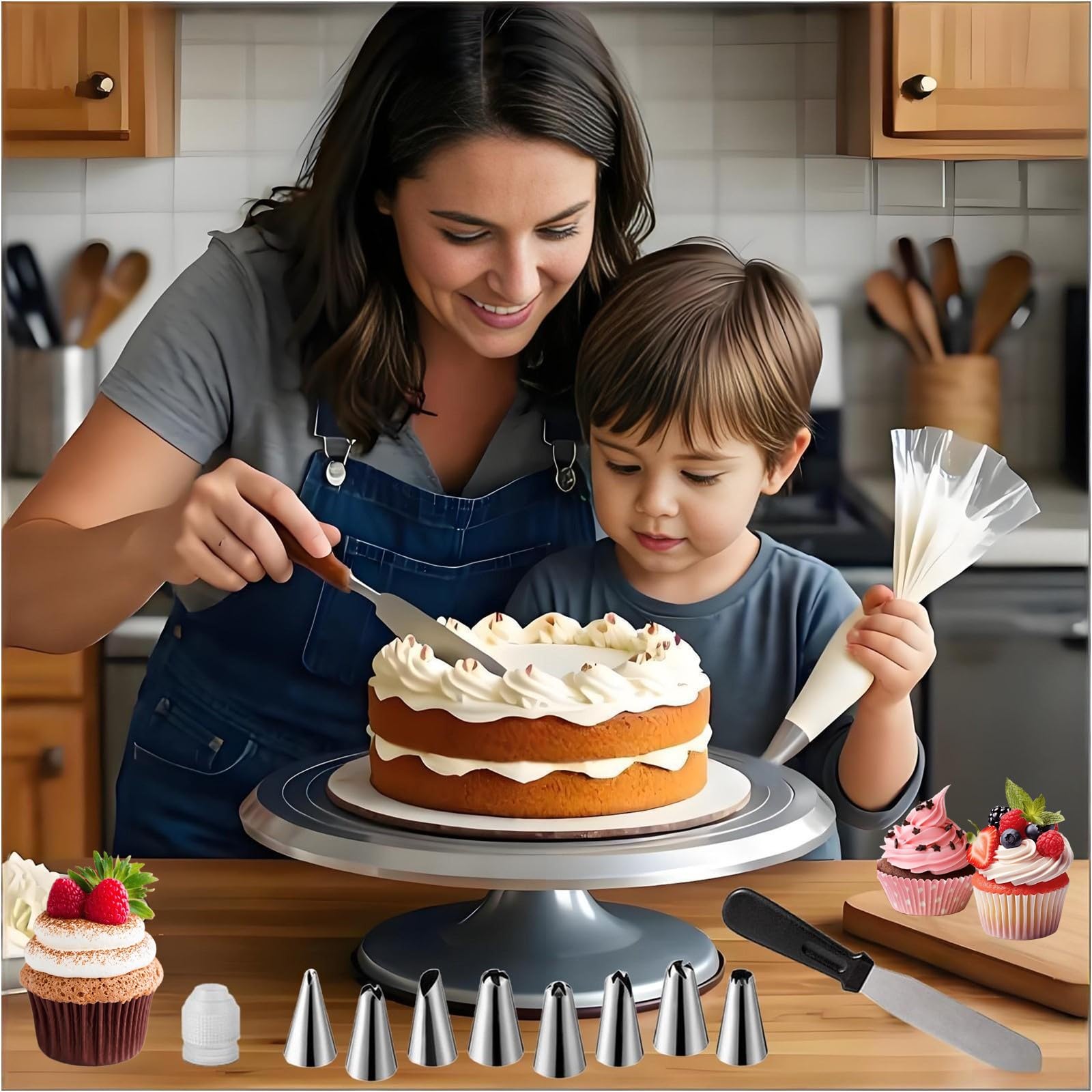 Kit de decoración de pasteles de 92 piezas con plato giratorio y nivelador de aleación de aluminio, 24 puntas de glaseado numeradas, 3 espátulas, 3 raspadores de peine, 2 acopladores, 50 bolsas