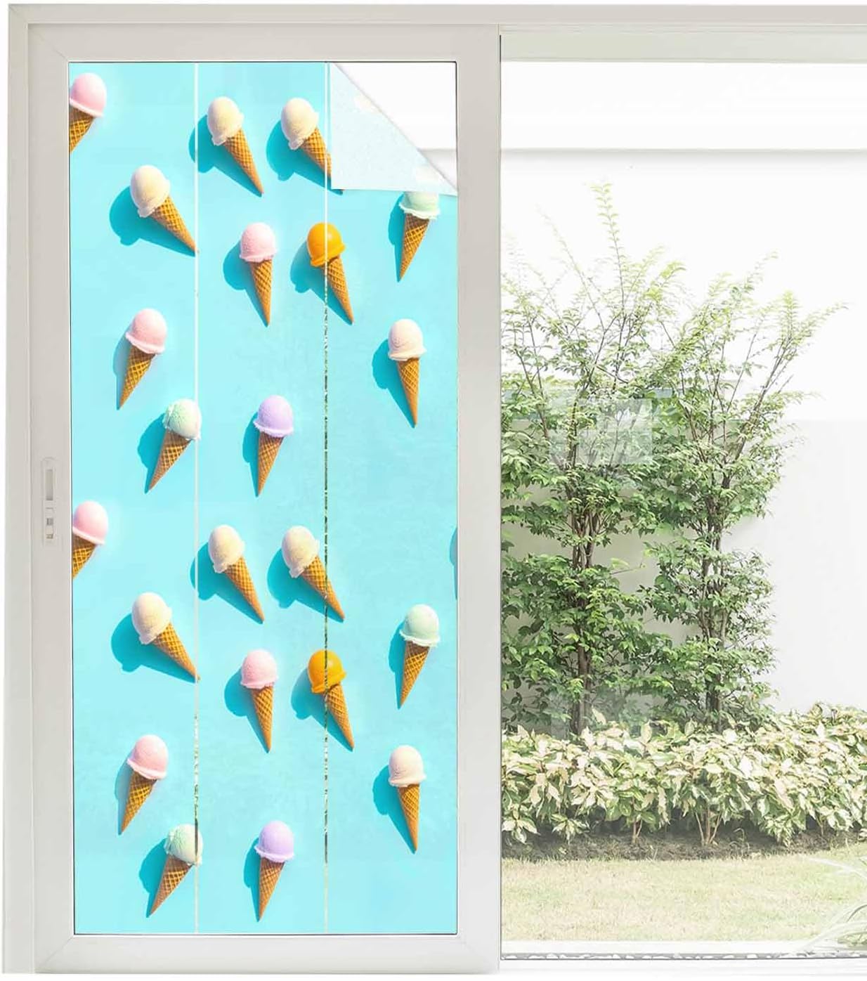 Window Privacy Film, Blue Ice Cream Window Clings Non-Adhesive Door Cover, Summer Colorful Ice Cream Window Film Decorative, Removable Window Tint for Bathroom/Classroom 29.5"x118"