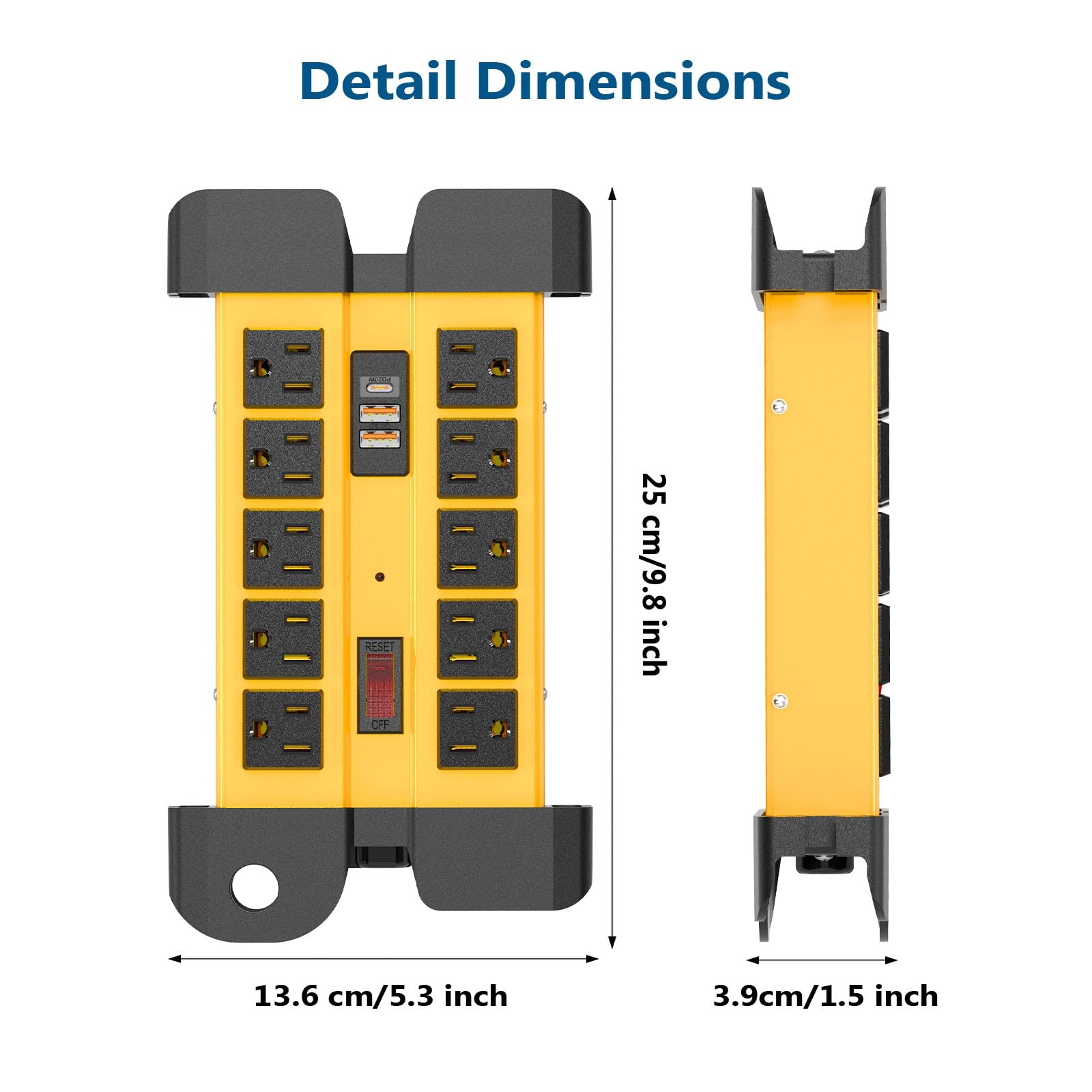 Regleta de alimentación de 10 tomas, protector de sobretensiones de 1200J, regleta de alimentación de metal con carga rápida USB, regletas de alimentación montables de 15 A/1875 W con interruptor