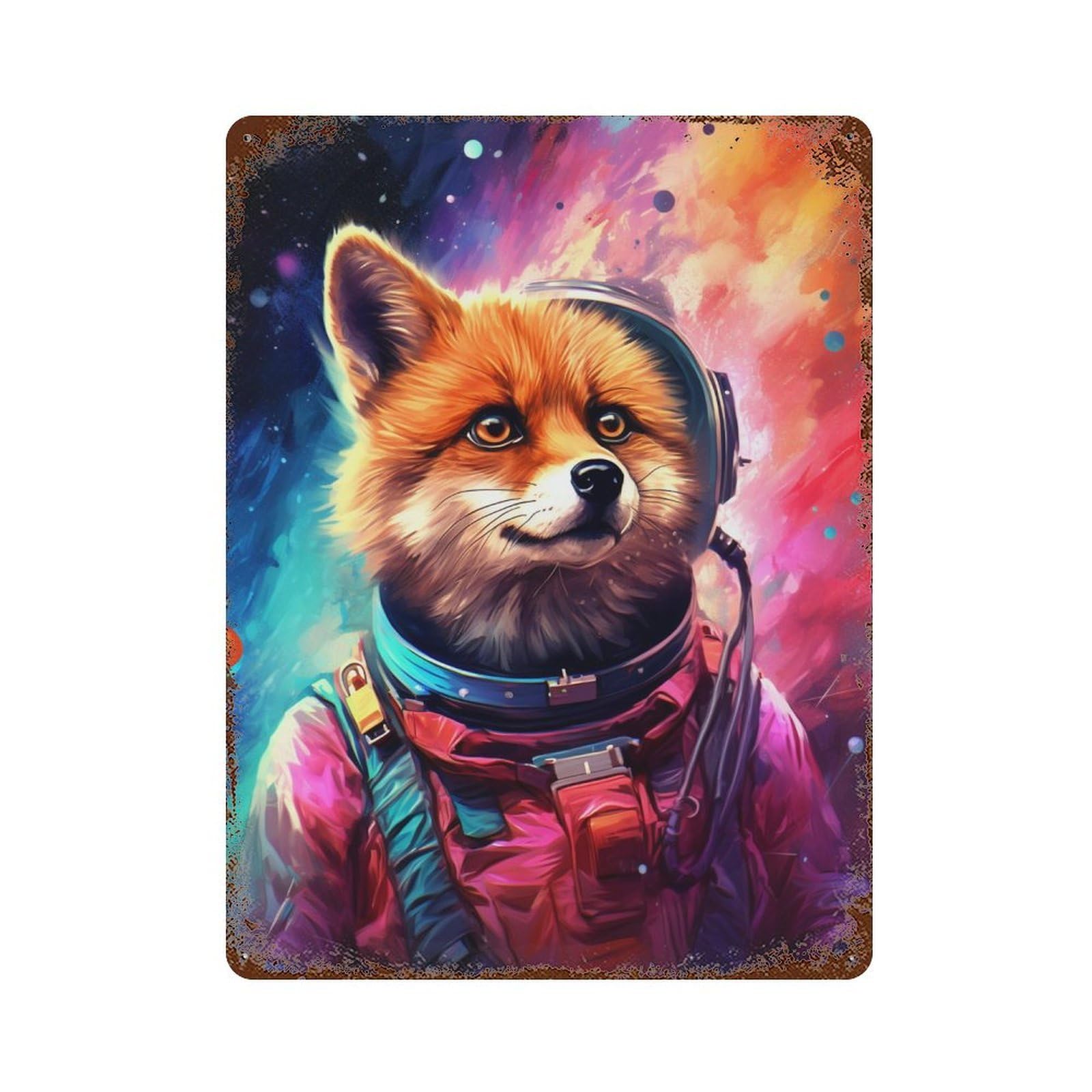 Rust Effect Cosmic Fox Astronaut Rusty Metal Tin Sign 15.7"x11.8", Farmhouse Wall Decor for Cafe, Home Bar And Lounge Decor