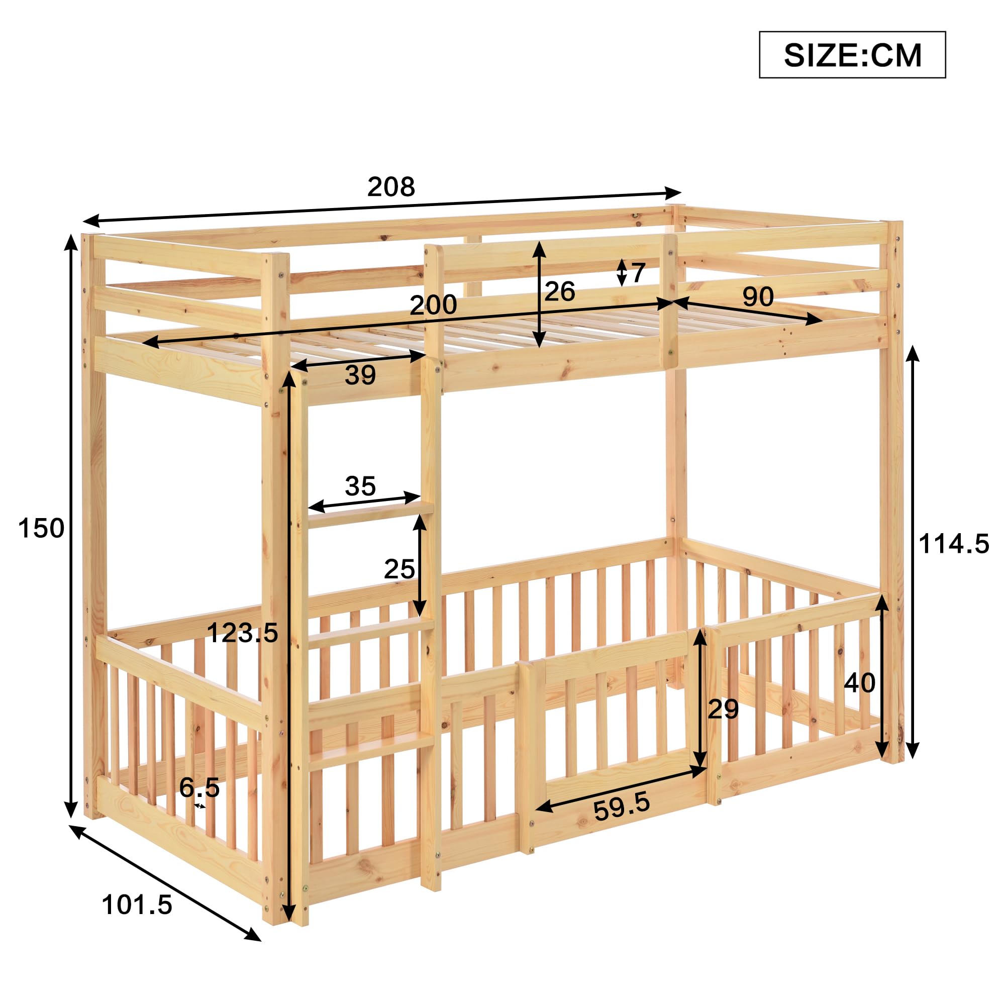 Lubvtti Litera Infantil 90 x 200 cm,Cama para niños con protección anticaídas y barandilla,Estructura Cama 90x200,Cama Superior con somier de láminas, Natural