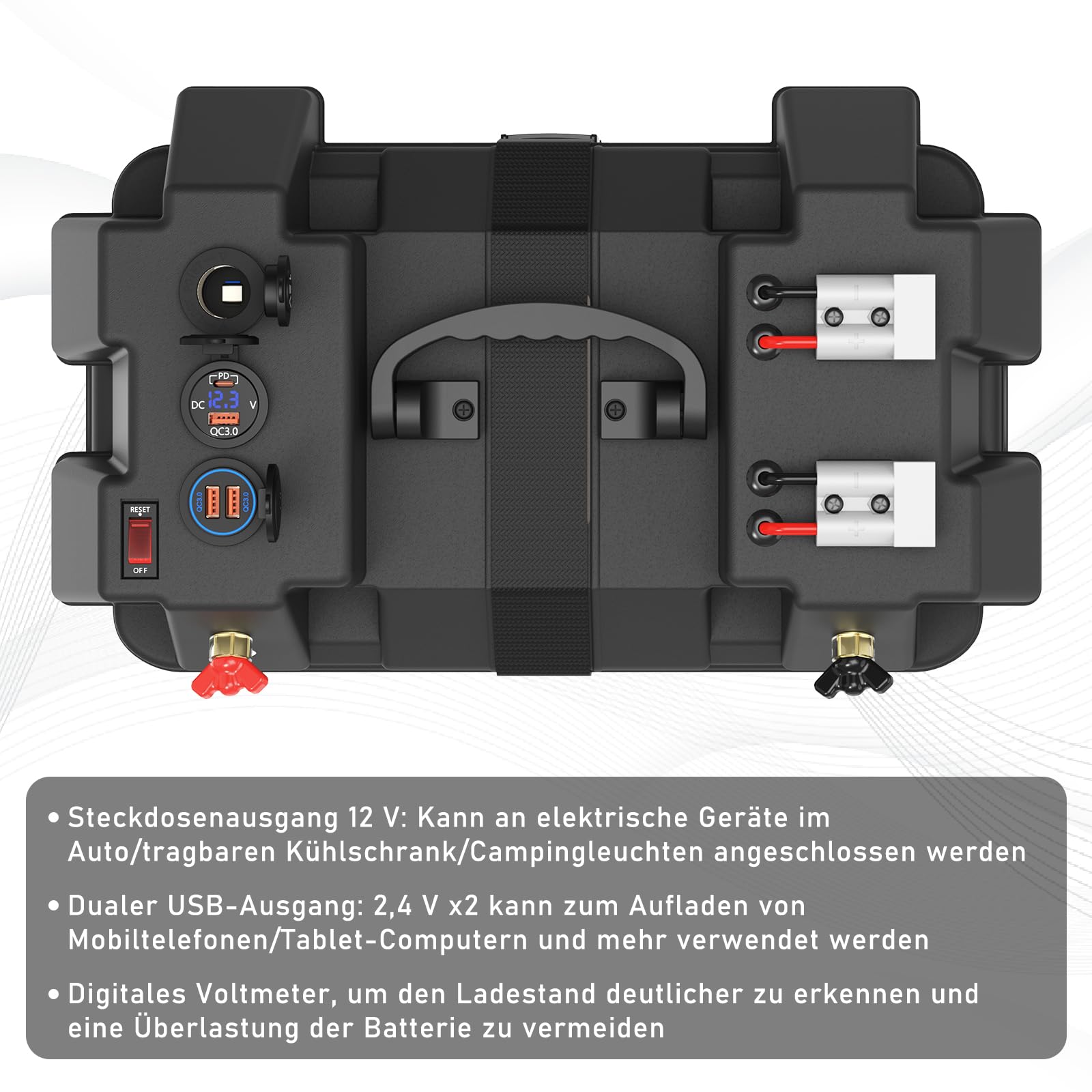 Smart Battery Box Power Center mit USB- und DC-Anschlüssen, QC3.0+PD-Schnellladegerät Gruppe 24-31 Batteriebox für Wohnmobil, Anhänger, Boot, Lifepo4, Lithium
