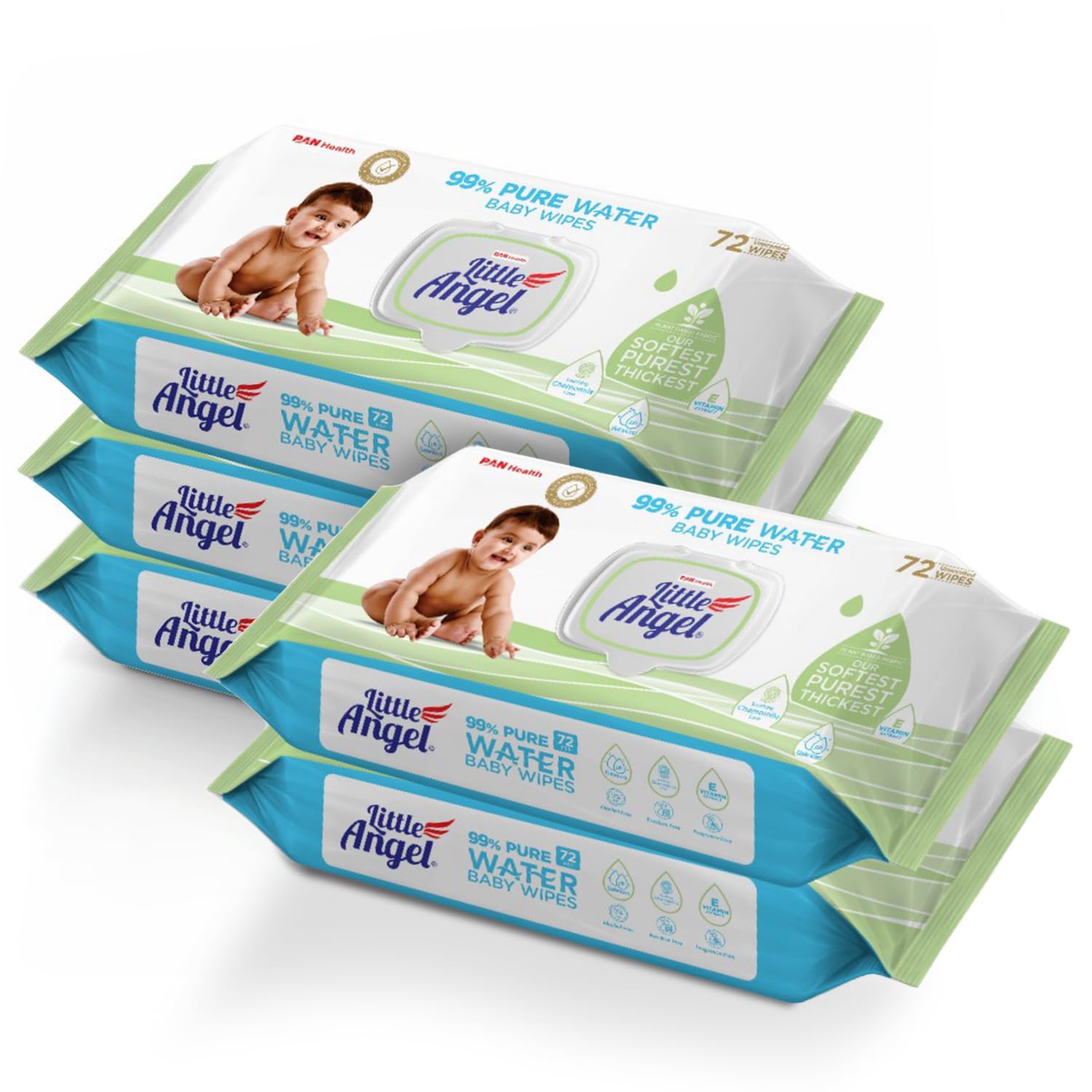 Little Angel 99% Pure Water Baby Wipes with Lid, 360 count, Enriched with Chamomile Extracts & Vitamin E, Plant Based Fabric, 72 pcs/pack (Pack of 5)-image-35