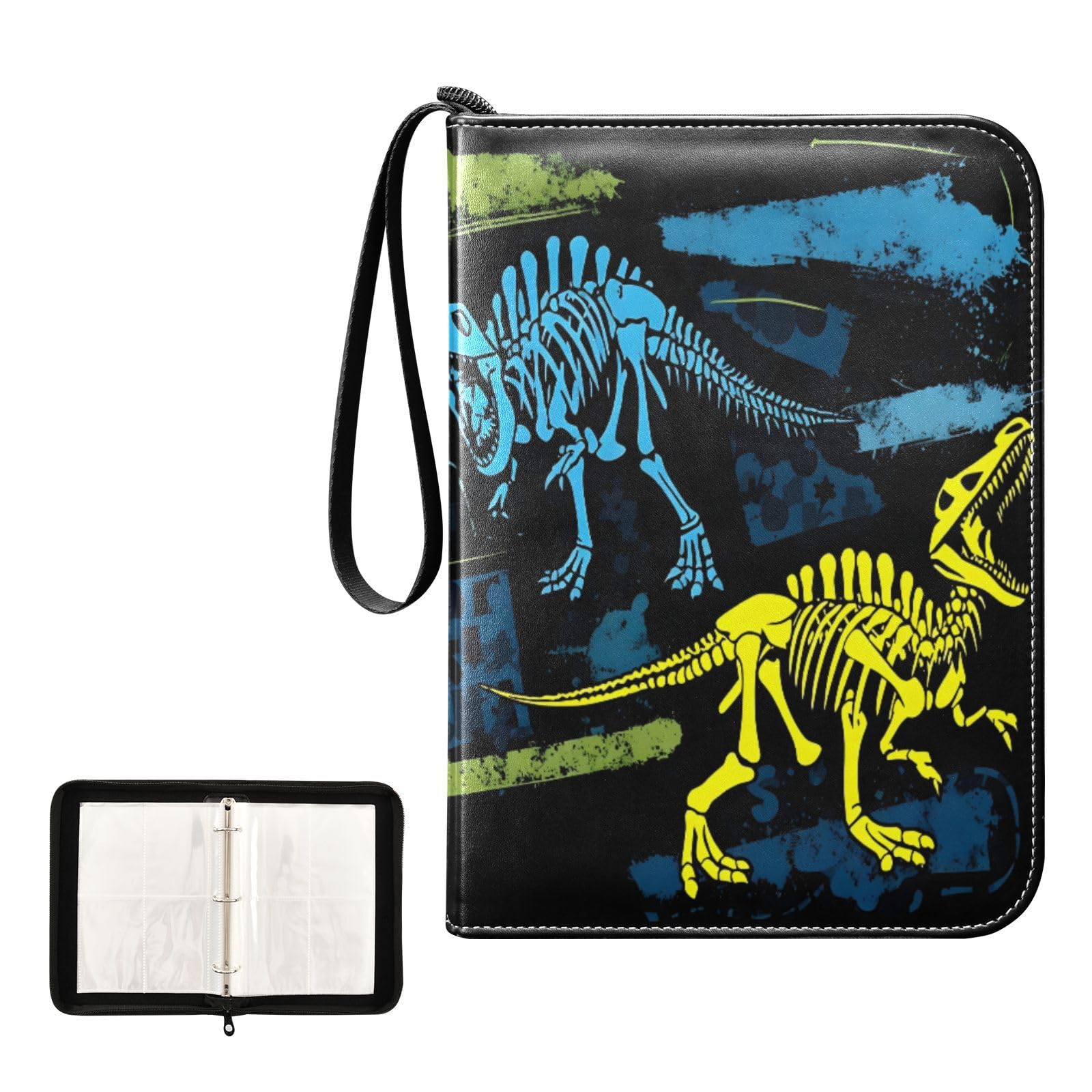 OTVEE Raccoglitore di carte con 4 tasche, porta carte collezionabili per 400 carte con 50 maniche, raccoglitore per collezione di carte, album per carte da baseball, calcio, scheletro di dinosauro