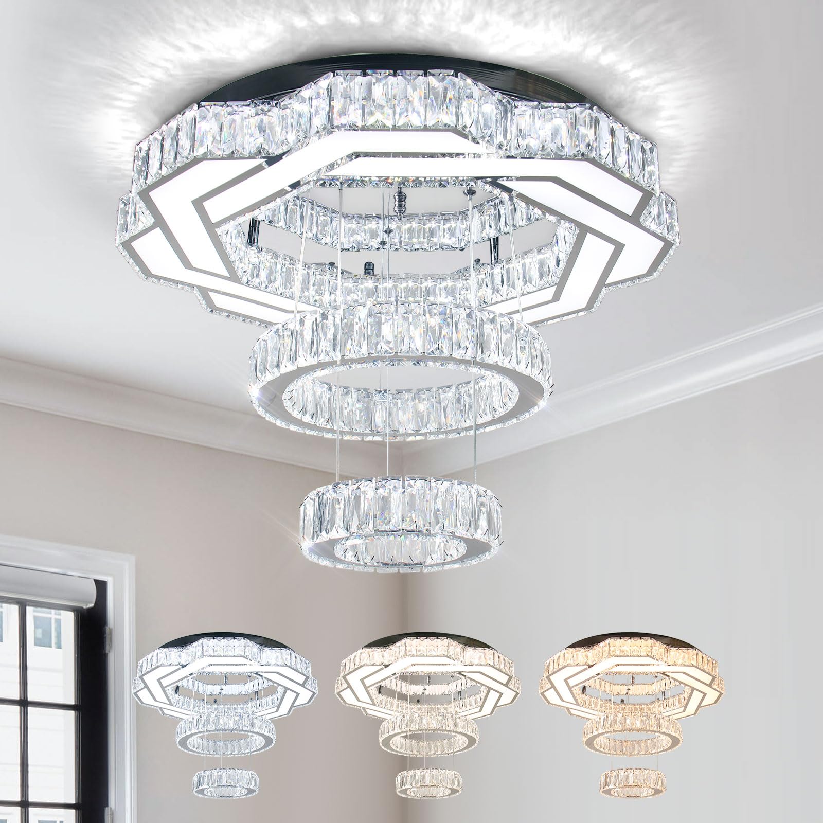 (incomplete)xychfantligh 22.5" Modern Crystal Chandeliers Living Room Modern Crystal Ceiling Light 3 Color Change Pendant Light Flush Mount Chandelier for Bedrooms Dining Room Entryway (Changeable)