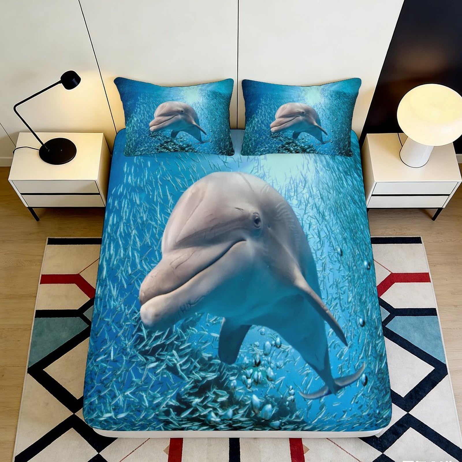 3D Printed Dolphin Ocean Fitted Sheet Microfiber Durable Soft Blue Underwater Bed Cover for Bedroom Dormitory Guest Room Mattress Protection 90x200x25cm