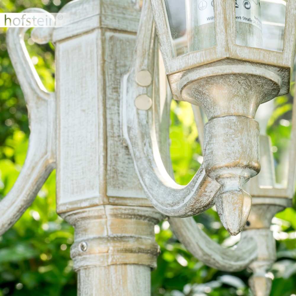 Lámpara de exterior NATAL, candelabro en aspecto antiguo, aluminio fundido en blanco/oro con cristales, lámpara de camino de 3 brazos 210cm, lámpara de jardín retro/vintage, E27, IP44, sin bombilla(s)