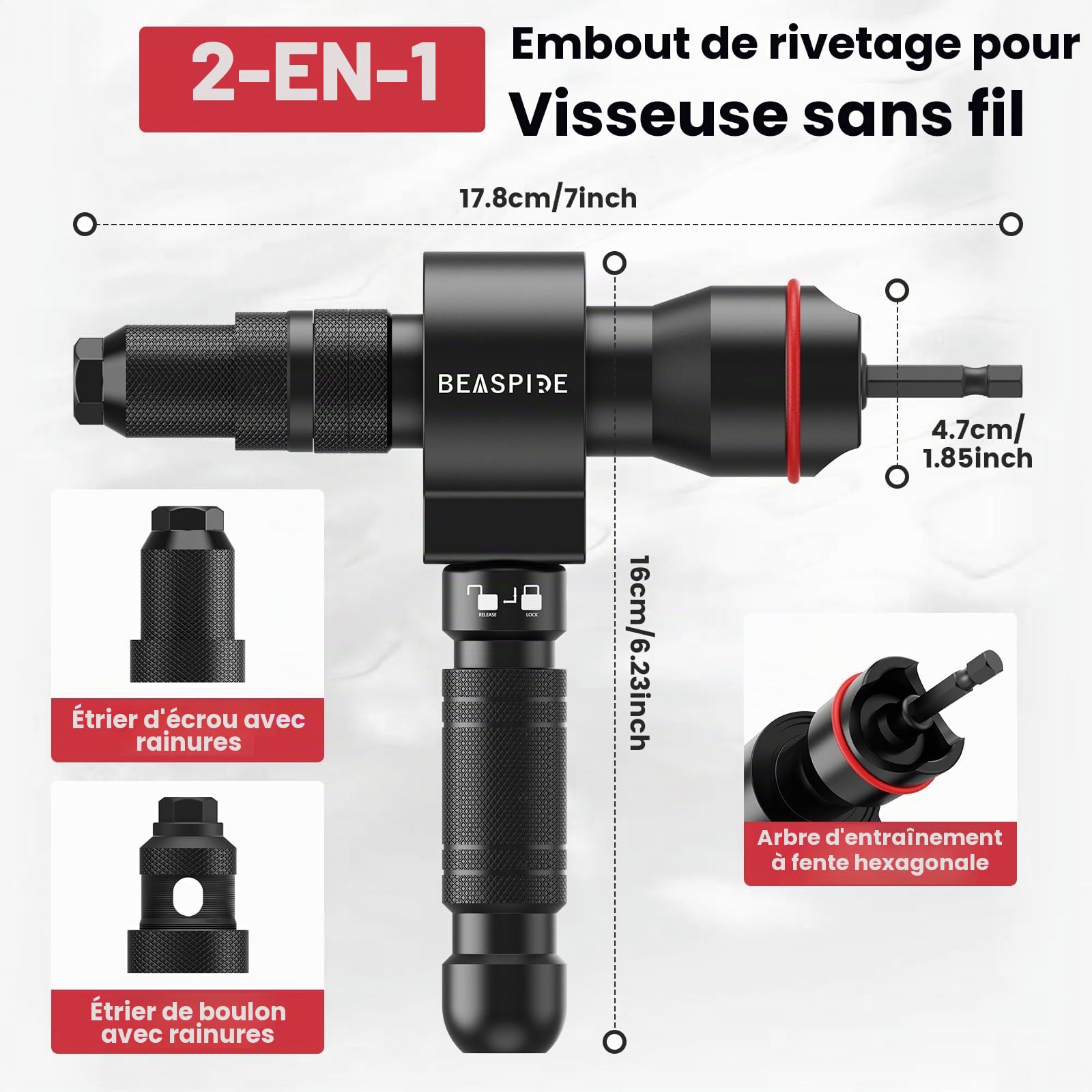 Beaspire Écrou à Rivets 2 en 1 pour Visseuse Sans fil et Perceuse, Kit Adaptateur de Pince a Rivet Pop en Pince a Insert Fileté pour Rivets Aveugles (2,4-6,4 mm) et Écrous à Rivet (M3-M12)