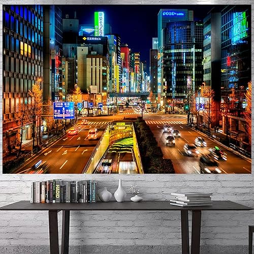 Aidatain Tapiz japonés de ciudad urbana japonesa con vista de paisaje urbano de Japón, tapiz de pared de escena nocturna de Tokio, tamaño 93 x 71