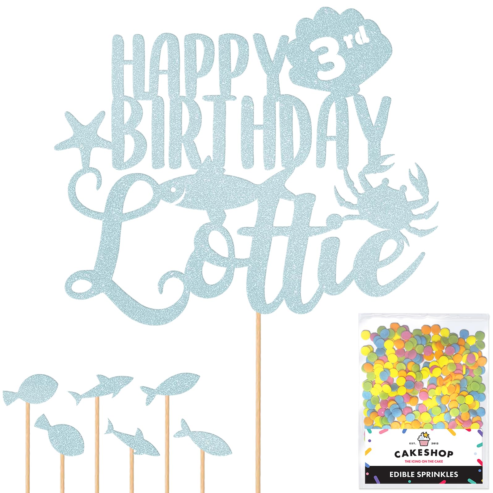 Personalised Birthday Under The Sea Glitter Cake Topper Lt Blue Any Custom Age & Name Glitter Cake Decoration and Sprinkles - Happy Birthday Decorations - Personalised Toppers for Cakes by Cakeshop — image 1