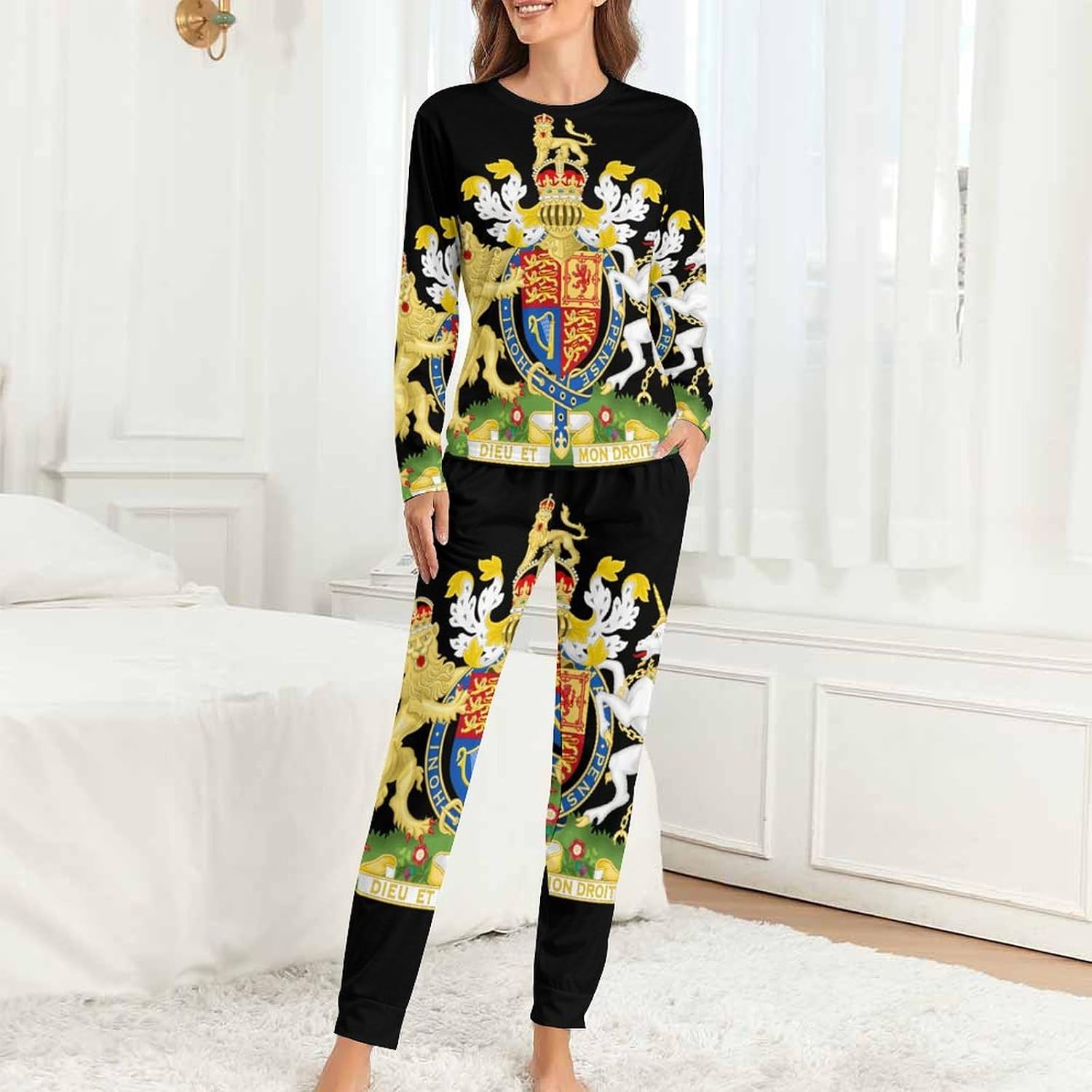 British Royal Coat of Arms England Queen Womens Pajamas Set 2 Piece Sleepwear Nightwear Lounge Funny Gifts 6XL