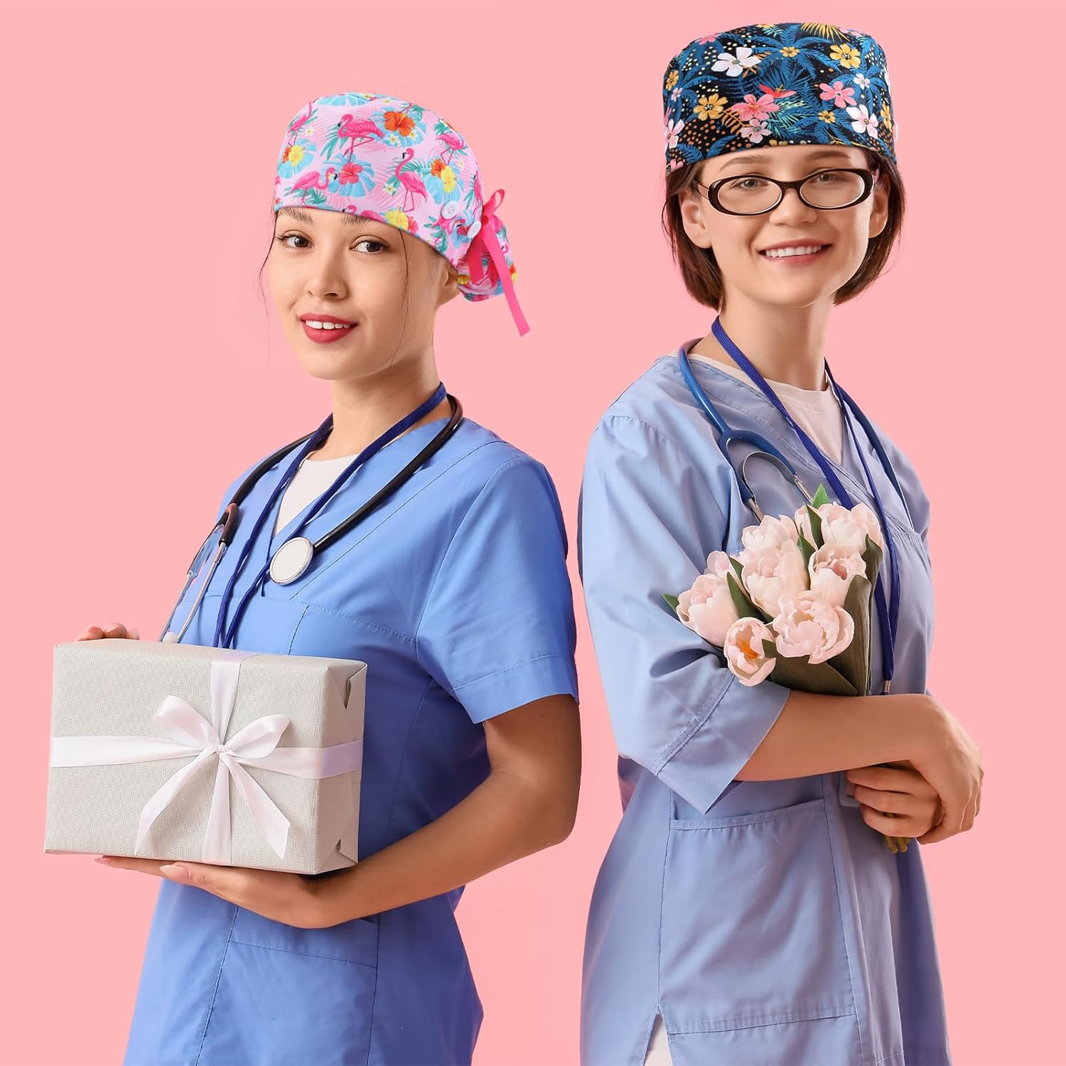 6 Pcs Scrub Caps for Women Doctor Nursing Hats with Buttons Adjustable Tie Back Working Cap Bouffant Scrub Hats for Women Men - Image 6