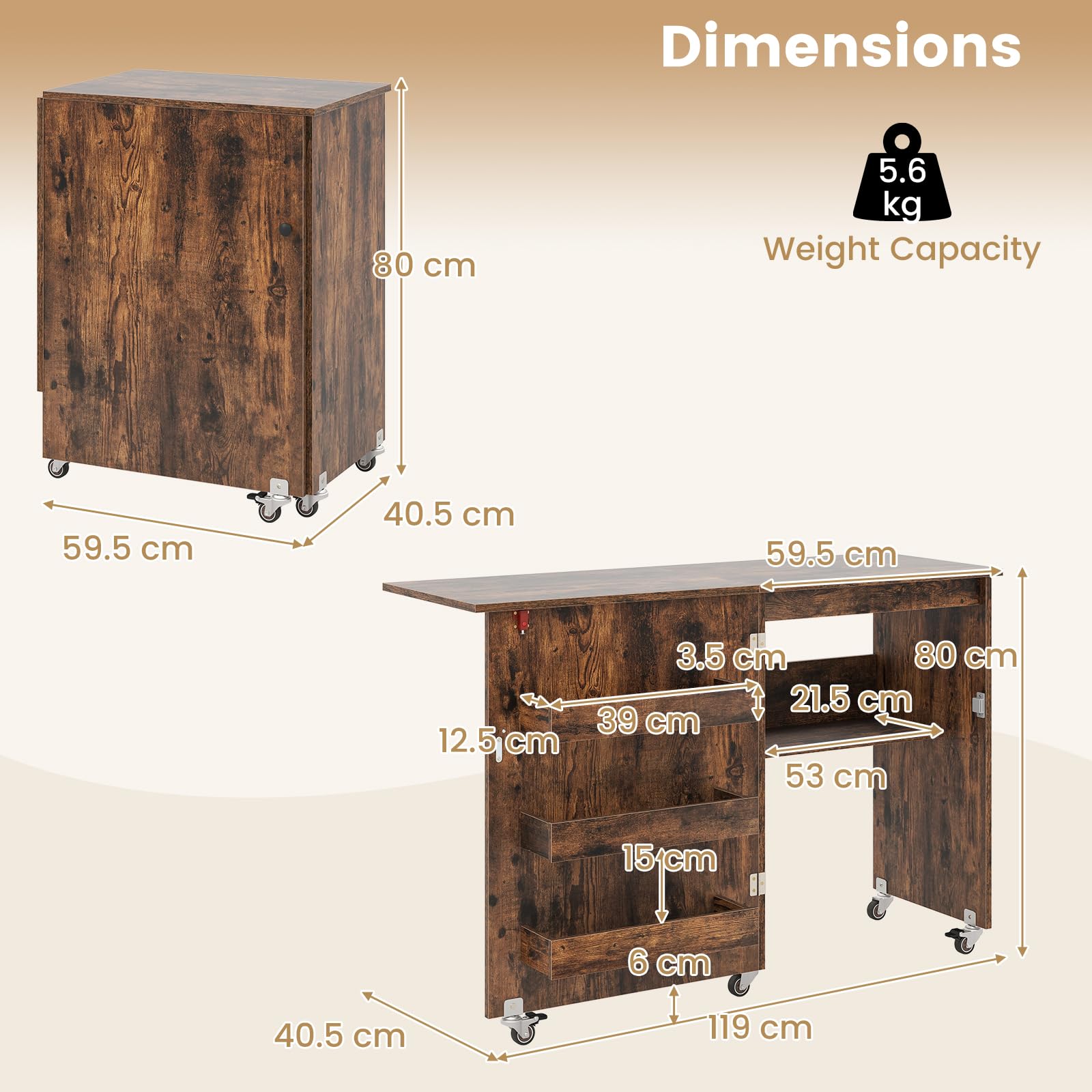 LIFEZEAL Nähmaschinenschrank klappbar, Nähschrank 2 in 1, Schreibtisch Holz mit Haken, Ablage & Rollen, Mobiler Nähtisch Nähmöbel für Zuhause & Büro (Braun, 117 x 40 x 77cm)