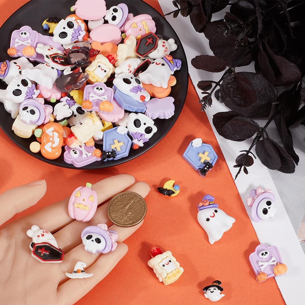 SUNNYCLUE 84pcs 14 Styles Cute Halloween Resin Charms Halloween Resin Cabochons Assorted Mixed Coffin Ghosts Pumpkin Cabochon for Jewelry Making Scrapbooking Embellishment Decorations