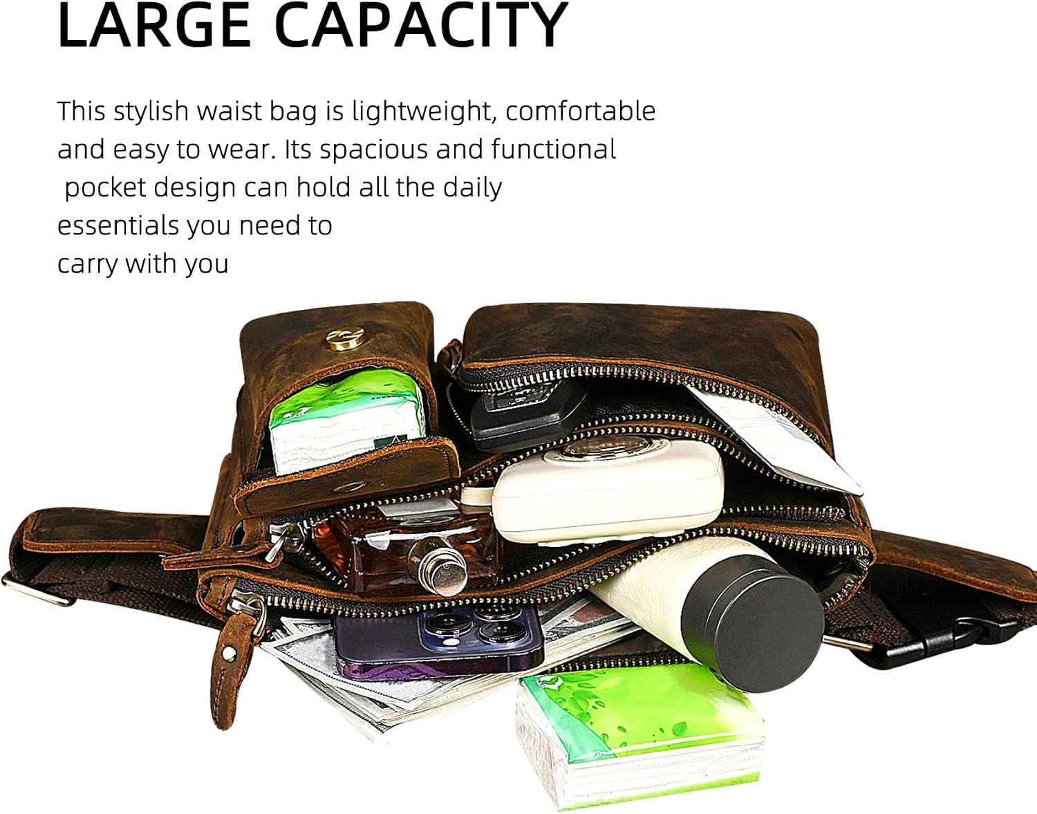 Thick Crazy Horse Leather Hiking Riding Travel Outdoor Belt Bag Fanny Waist Pack Small Phone Pouch For Men Women 380 (386 Brown)