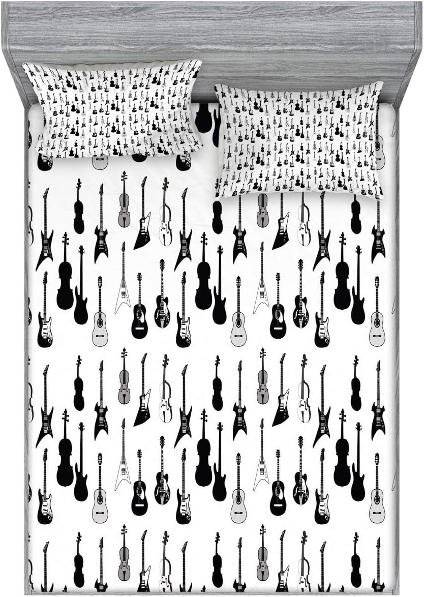 Ambesonne Music Fitted Sheet & Pillow Sham Set, Monochrome Strings Various Types Acoustic and Electronic Guitar Cello Violin, Decorative Printed 3 Piece Bedding Decor Set, Queen, White and Charcoal