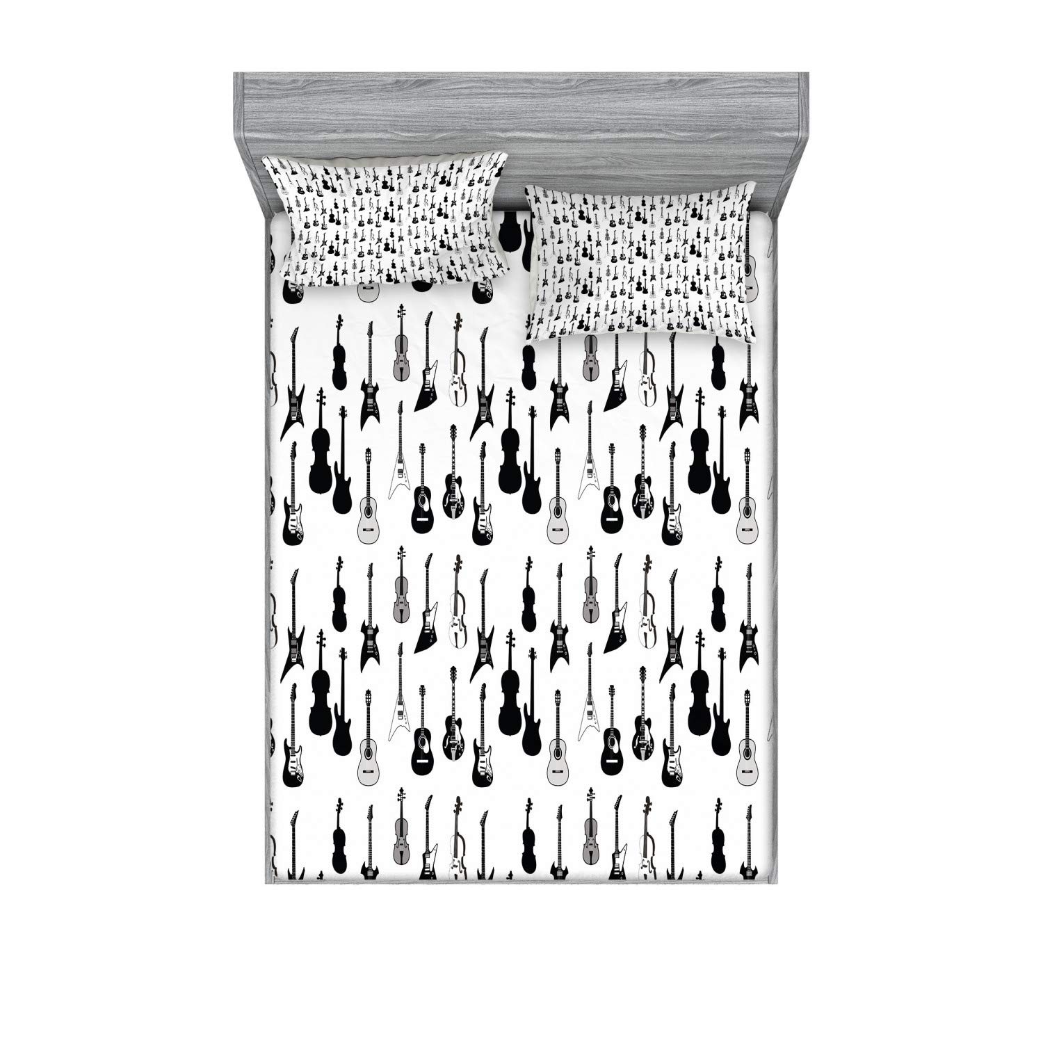 Ambesonne Music Fitted Sheet & Pillow Sham Set, Monochrome Strings Various Types Acoustic and Electronic Guitar Cello Violin, Decorative Printed 3 Piece Bedding Decor Set, Calking, White and Charcoal