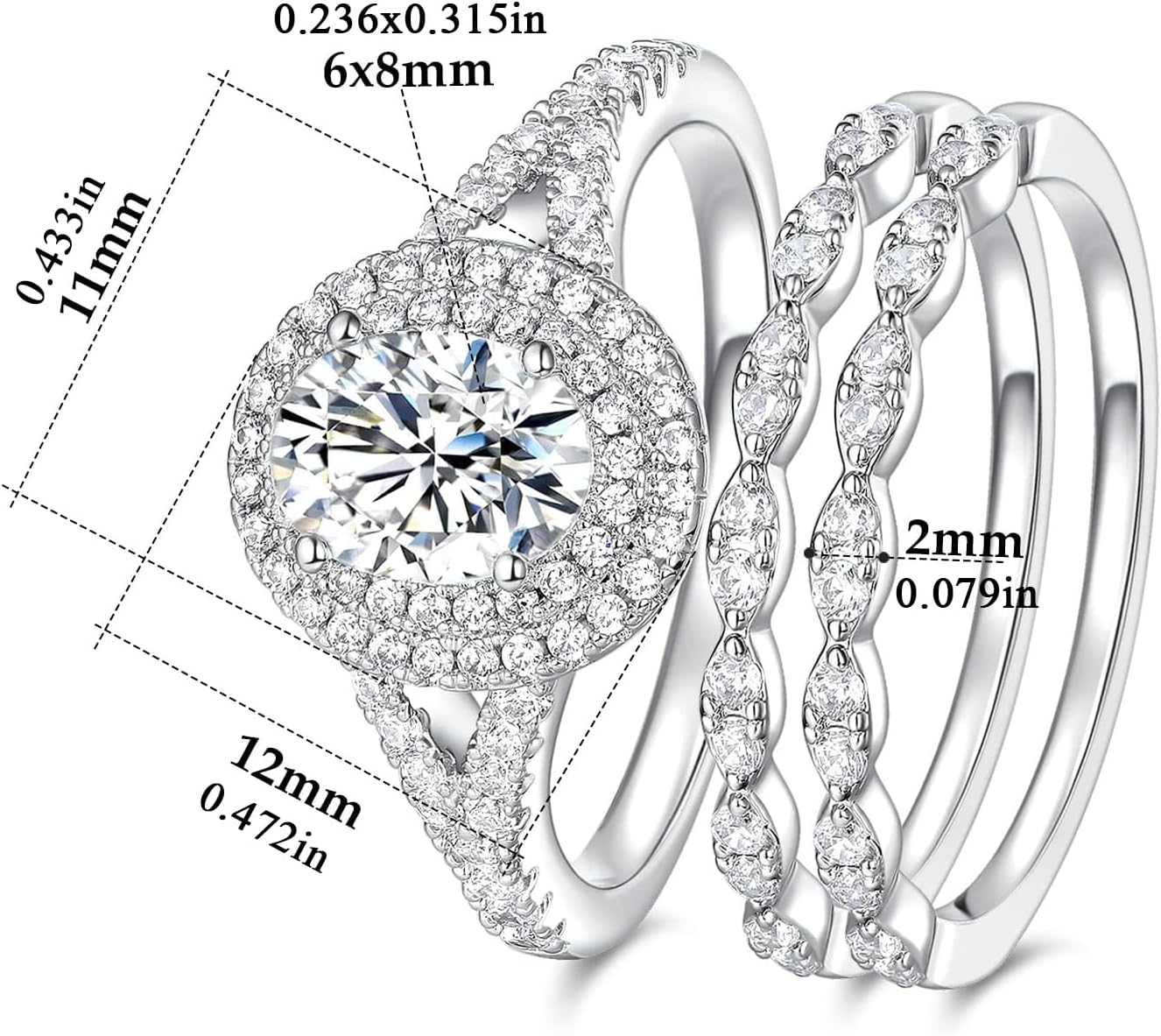 MDFUN 18K White Gold Plated Promise Ring for Women Cubic Zirconia Stackable Ring Set Three-in-One Oval Halo Wedding Engagement Promise Eternity Band - Image 6