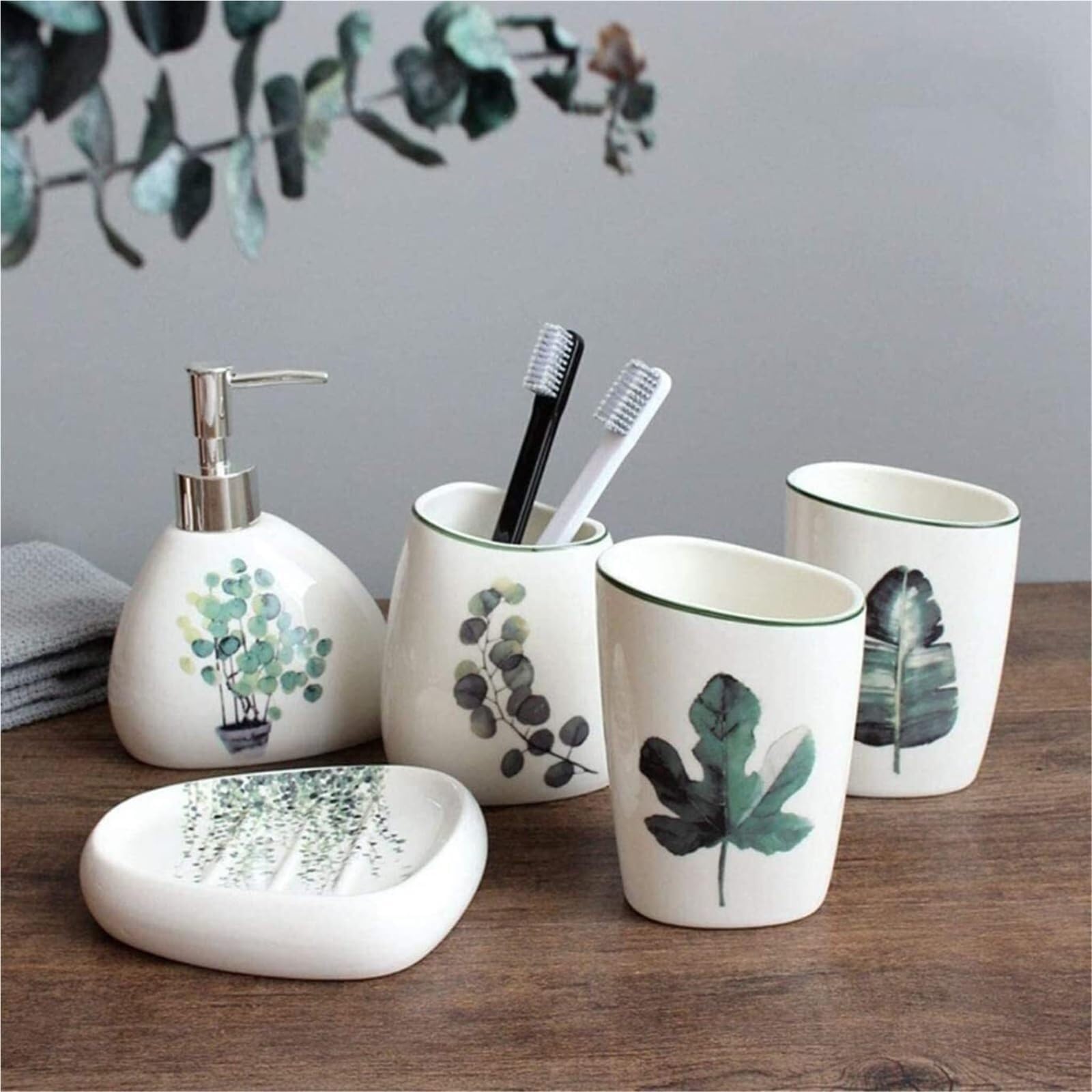Set di accessori per il bagno Ceramica 5 pezzi include dispenser di sapone, portaspazzolino, bicchiere e 2 bicchieri, decorazione costiera Arredamento per gli affittuari(B)