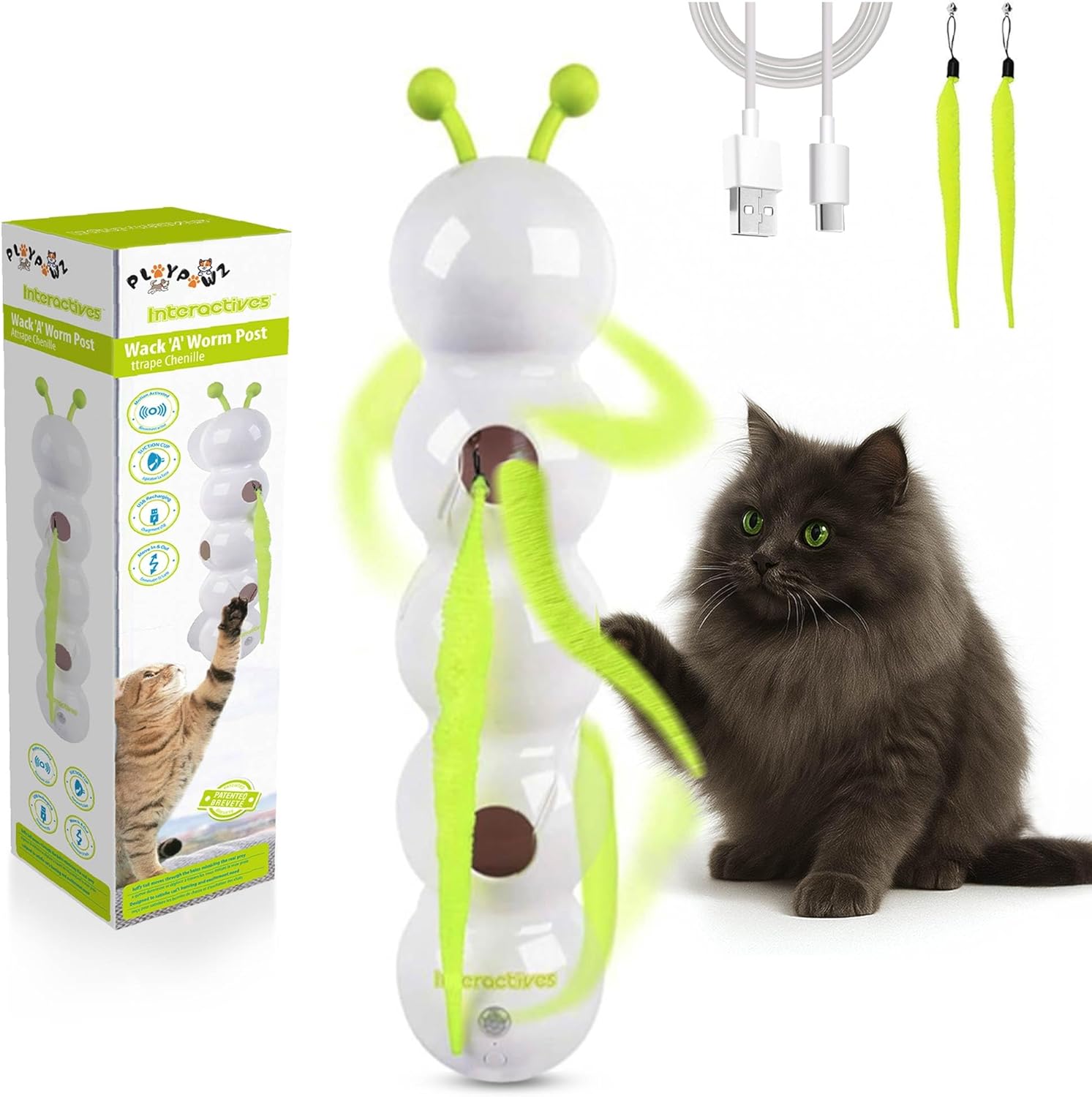 PlayPawz Automatic Caterpillar Smart Cat Toy - Rechargeable Kitten Toys Moving Cat Toy - Smart Sensor Caterpillar Cat Toy - Interactive Cat Toys for Indoor Cats - Suction Cup Toy for Cat Enrichment