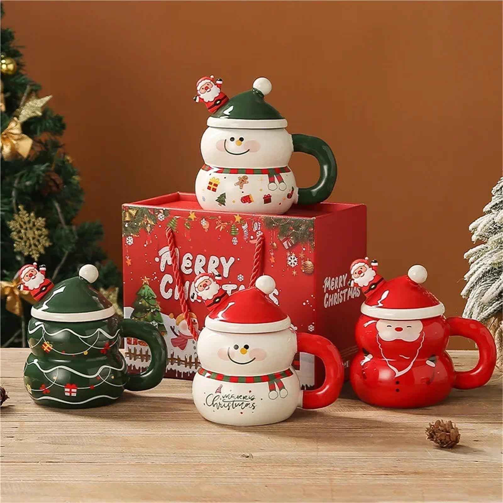 400ML Keramik Becher Weihnachten Schneemann Weihnachten Tasse Mit Deckel Griff Paar Milch Kaffee Tasse for Zuhause für Kaffee(Green02)