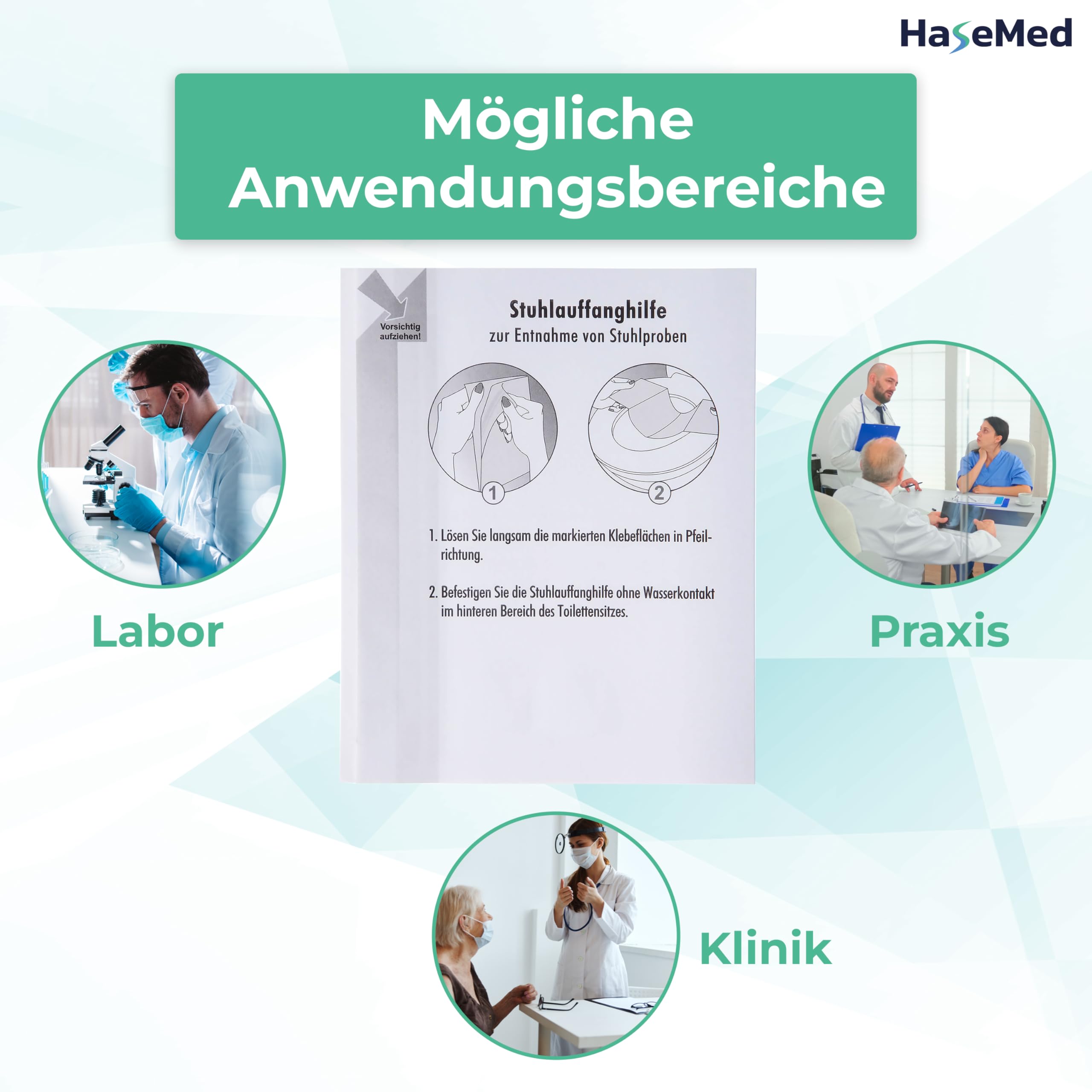 HaseMed - Juego de 50 recolectores de sillas desechables con pestañas adhesivas para inodoro, muestras higiénicas y limpias, biodegradables y solubles en agua para laboratorio, práctica y hogar
