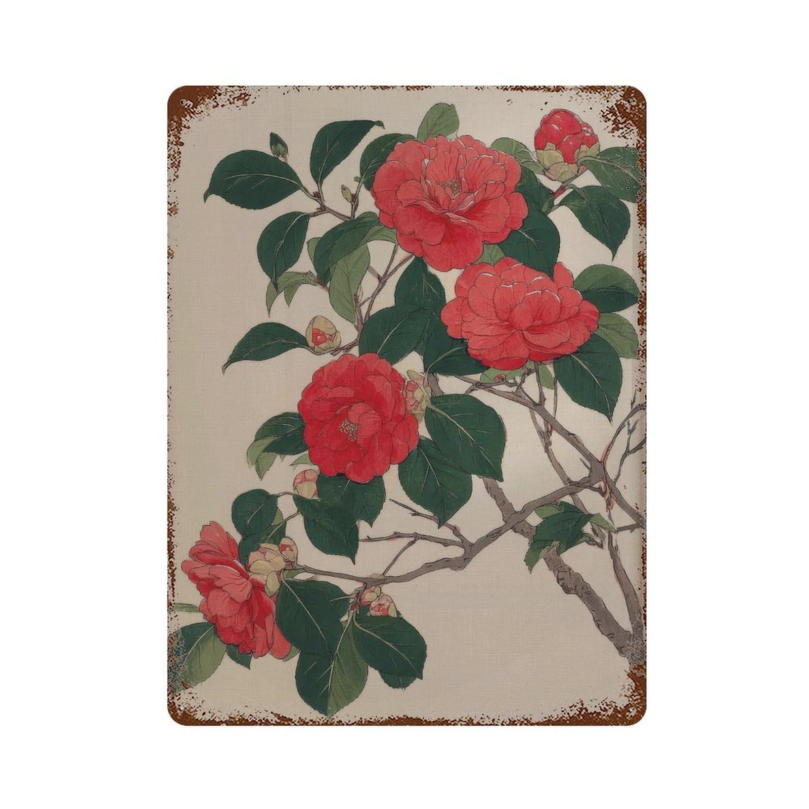 xiaoxiaoshen Camellia Flowers. Traditional Japanese Botanical Wall Decor Art Metal Tin Poster Modern Home Decor Art Home Bar Shop Decorations Vintage Sign 40x30cm
