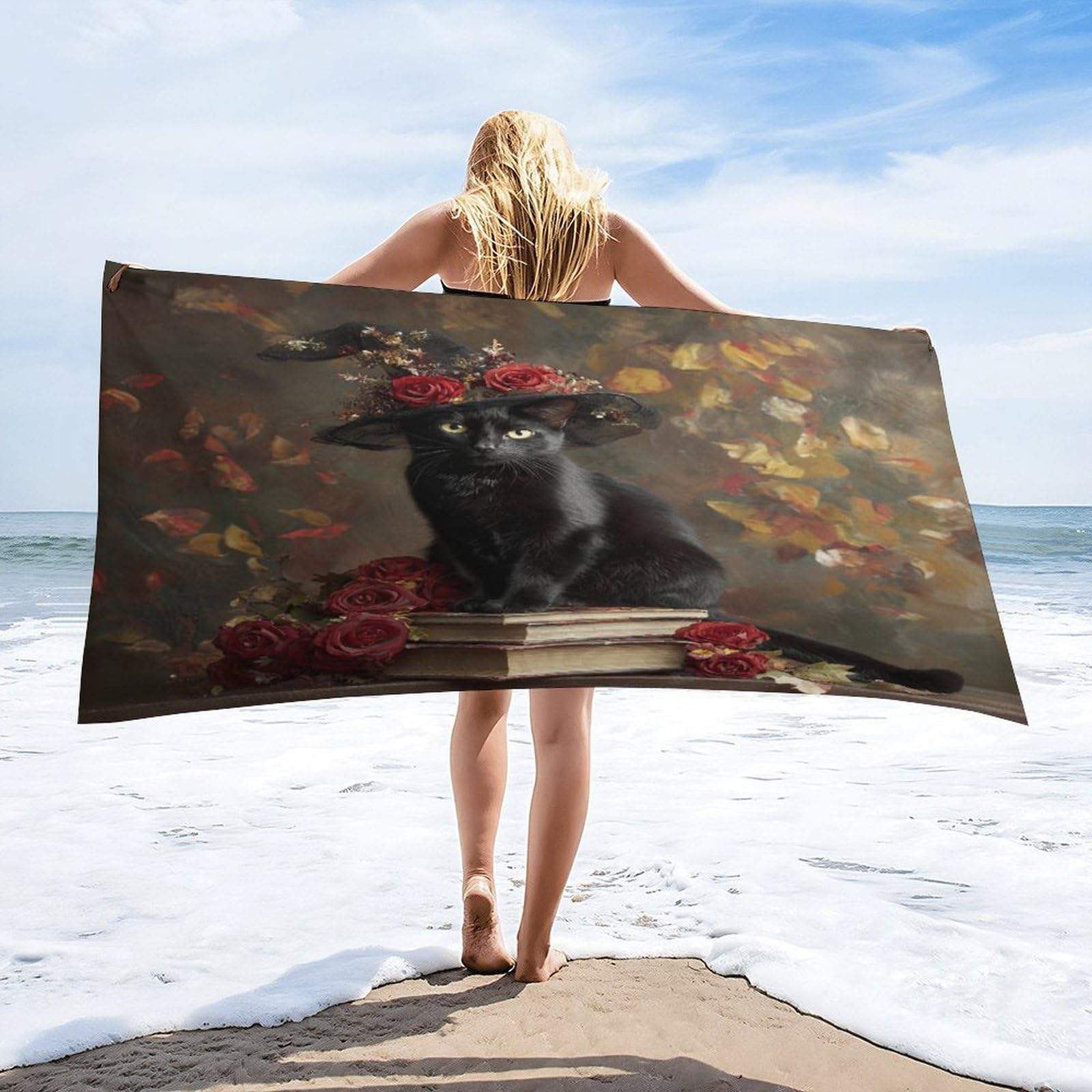 Luyysky Classic Gothic Black Cat Quick-Drying Beach Towel, Modern Oil Painting Animal Kitten Red Rose Flowers Ginkgo Leaves Book Travel Vacation Single Sided Pile Bathroom Towels-80 W Cm X 160" L Cm