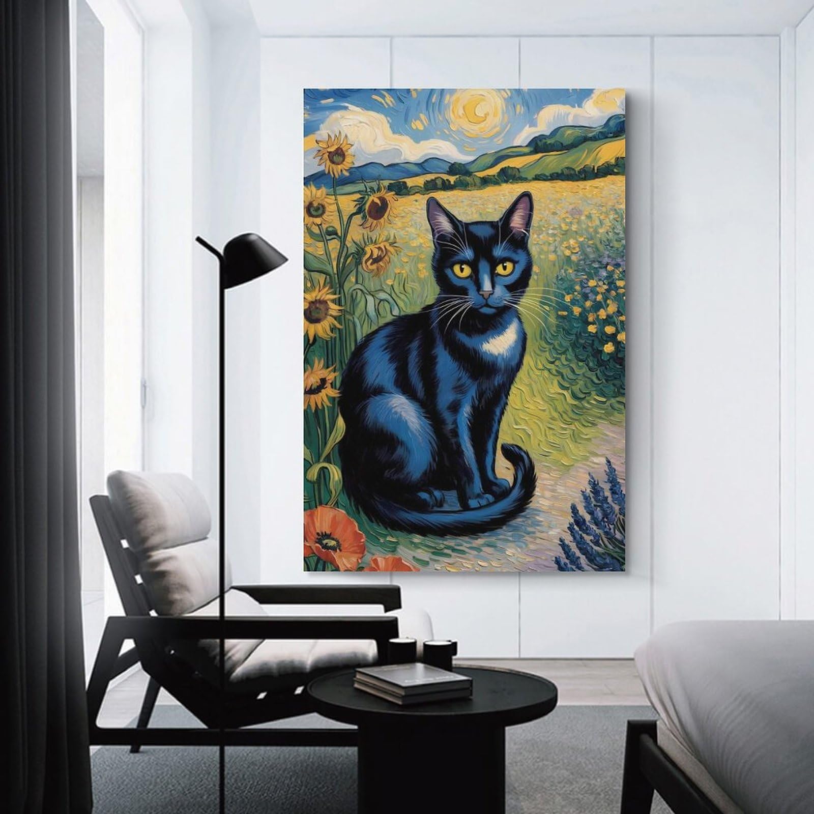 Junmoney Canvas Wall Art Black Cat in Sunflower Field Painting, 20x30inch(50x75cm), for Corridors, Hallways Or Apartment Entries, Decorative Canvas Styling for Entry Areas