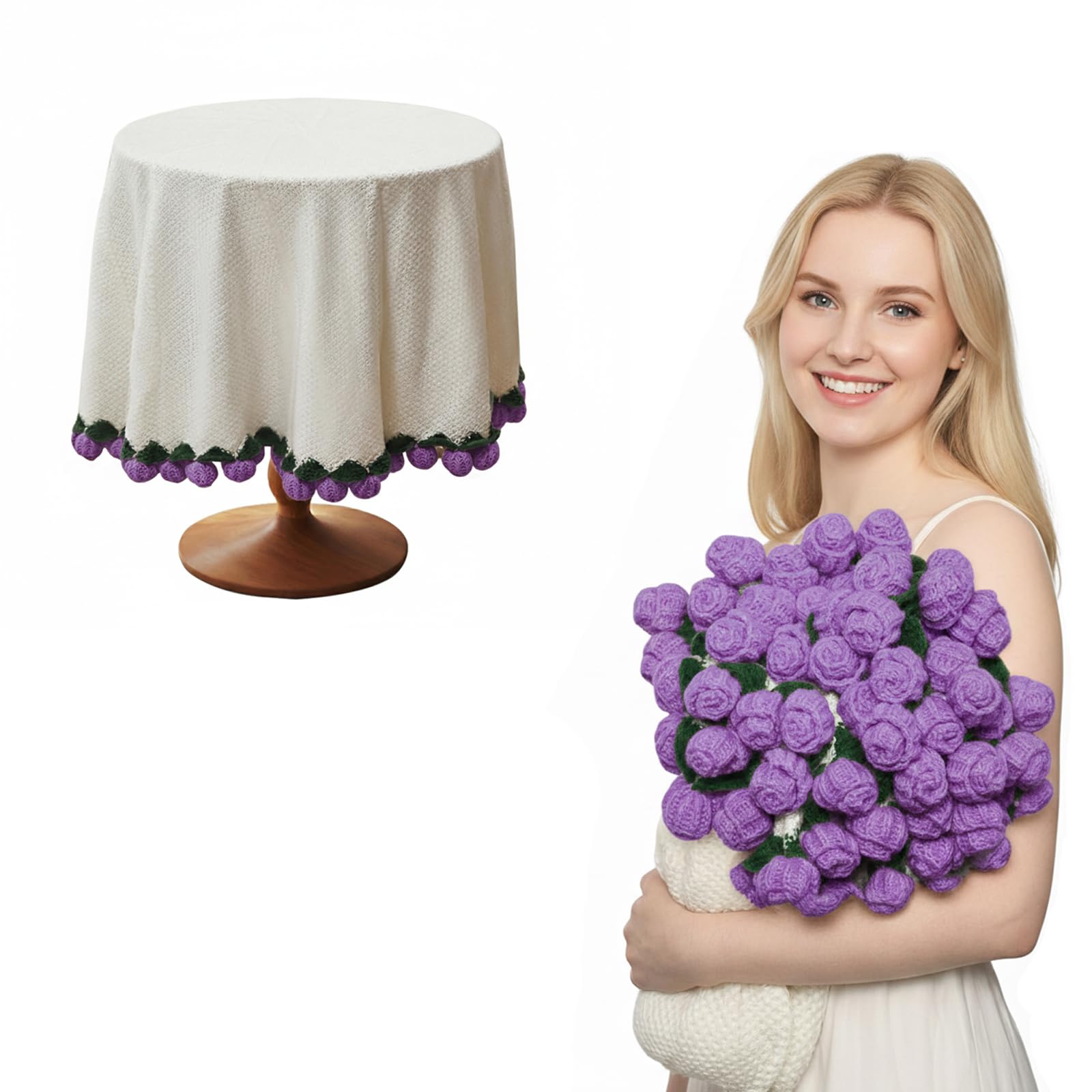 Coperta Bouquet di Fiori, Plaid con Fiori all'Uncinetto Finita, Coperta con Decorazione di Rose, Ideale come Regalo per Donne per San Valentino e Compleanni (Rosa - Viola, 110CM)
