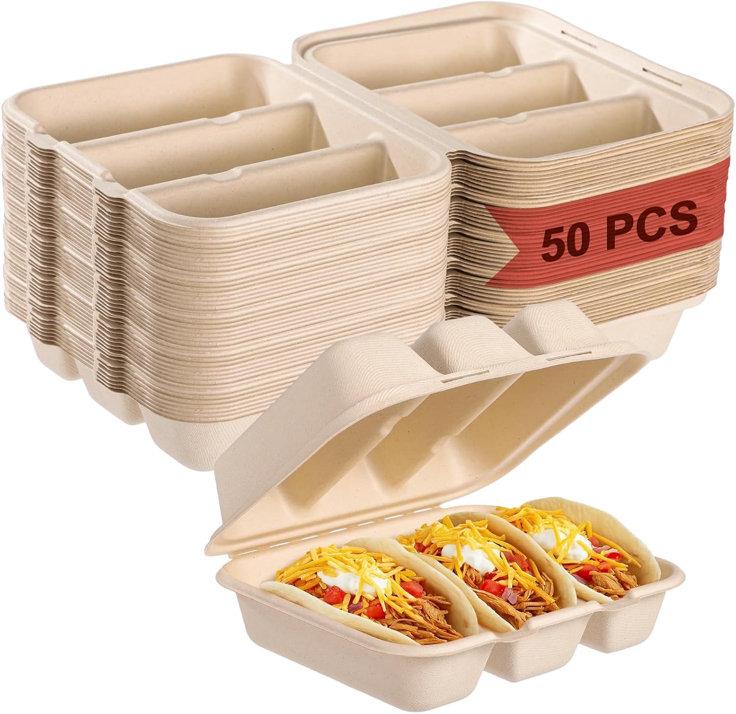 50 PCS Disposable Taco Holder with Lid 8.4 * 7.1 * 3in, 3-Slot Bagasse Pulp Takeout Food Holders for Tacos, Hot Dogs, Sandwiches, Outdoor Lunch and Party Serving (50Pcs)