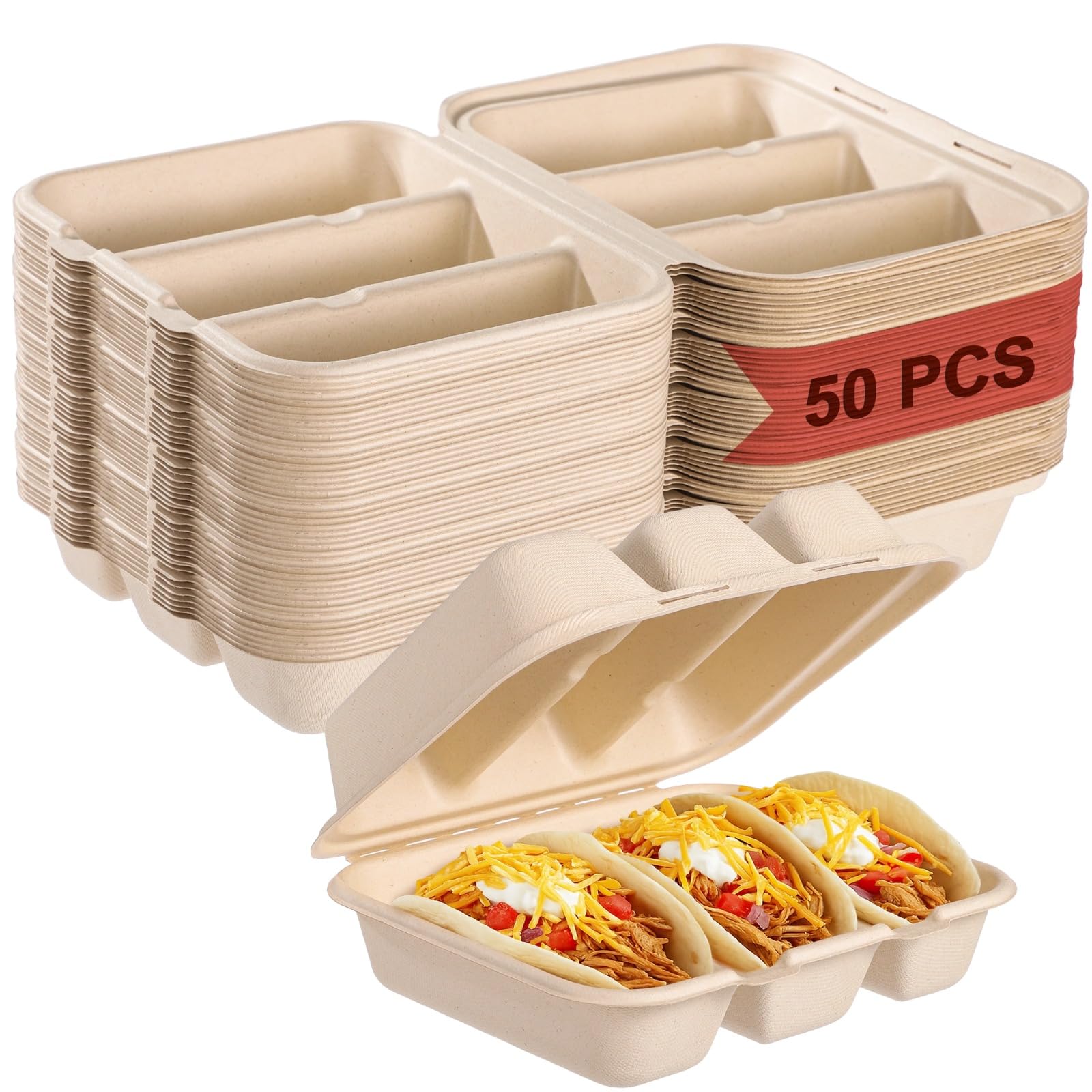 50 PCS Disposable Taco Holder with Lid 8.4 * 7.1 * 3in, 3-Slot Bagasse Pulp Takeout Food Holders for Tacos, Hot Dogs, Sandwiches, Outdoor Lunch and
