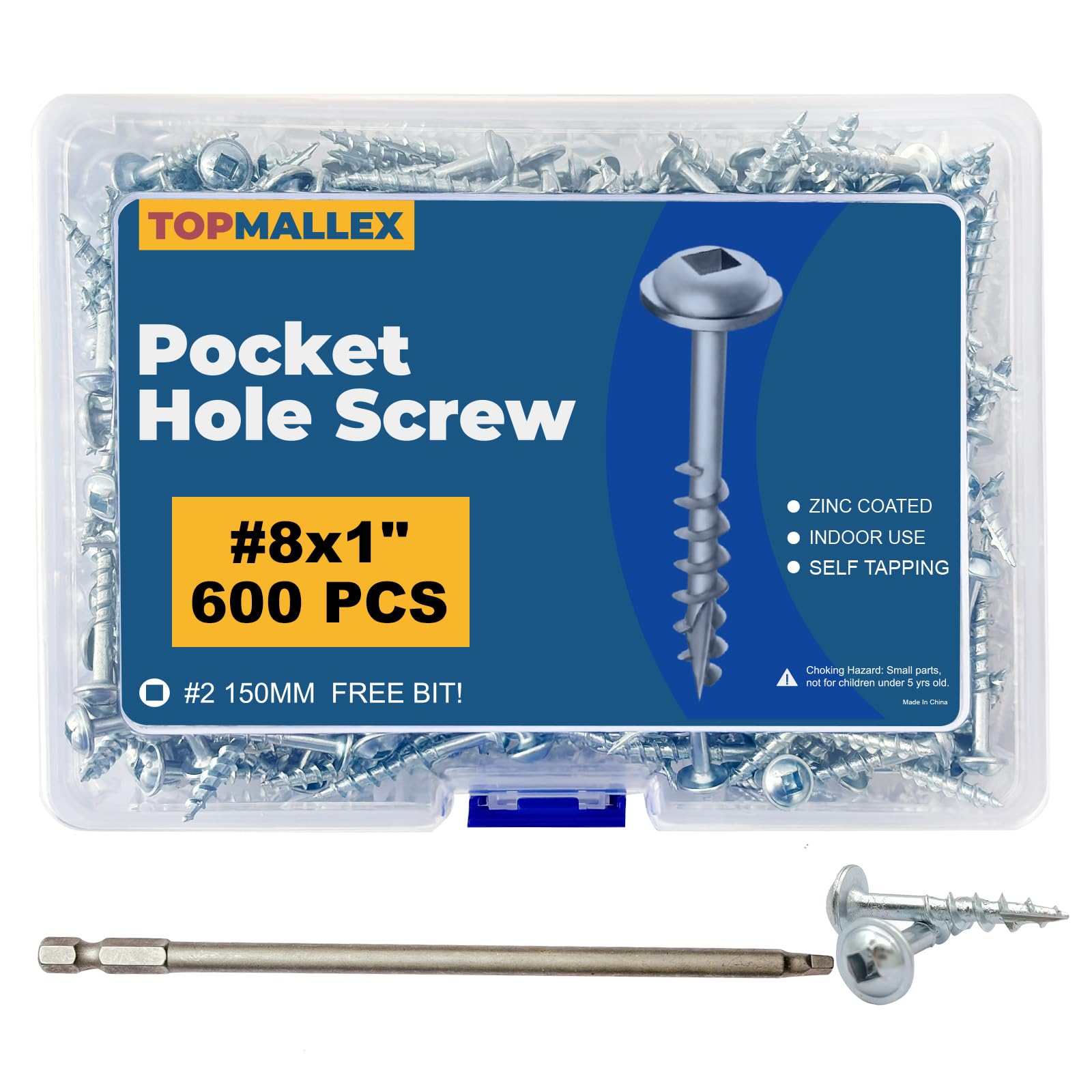 TOPMALLEX Pocket Hole Screws 1 inch, Pocket Screws #8 x 1 with Square Drive 600PCS, Coarse Thread, Washer Head, Self Tapping, Zinc Plated, 150MM Drive