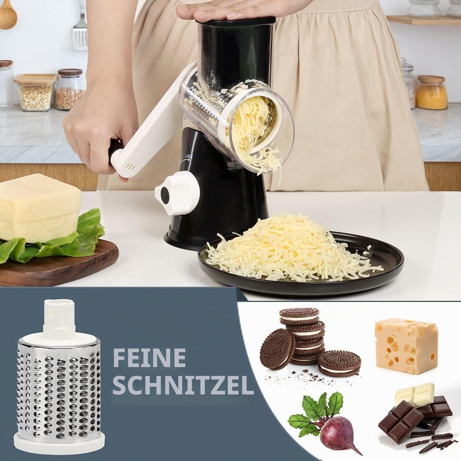 KEOUKE Rotary Cheese Reibe mit Griff Gemüse Käse Shredder Slicer Reibe für Küche 3 Wechselklingen für Käse Kartoffel Zucchini Nüsse Schokolade - Schwarz