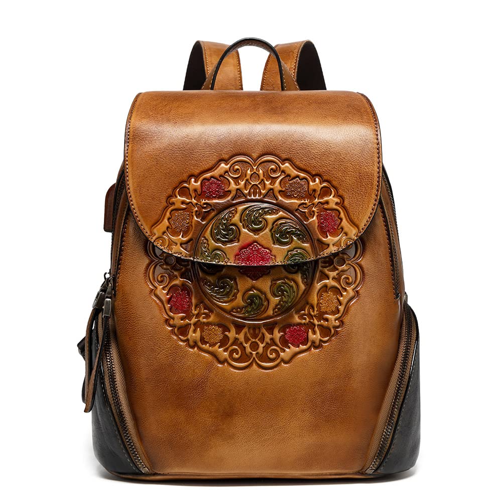 EBESA Leather Backpack for Women Organizer Retro Vegetable Tanning leather bag Vintage Embossing Totem (Orange brown)