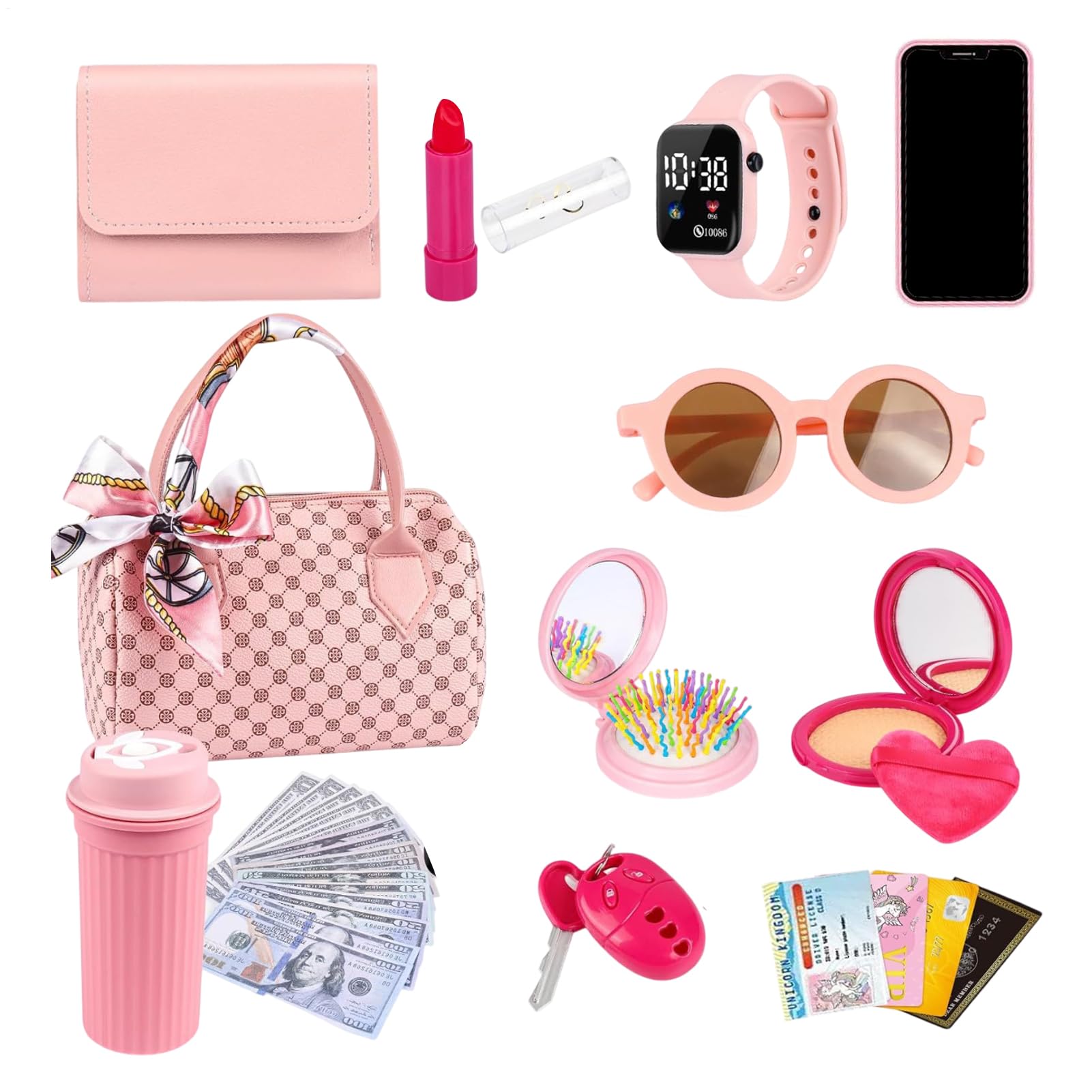 Mädchen Handtasche Spielzeug - Kinder Handtasche Set Mit Handtaschen, Telefon, Uhren, Make Up, Schlüssel, Sonnenbrille, Trinkbecher, Rollenspiele Für Kleine Kinder