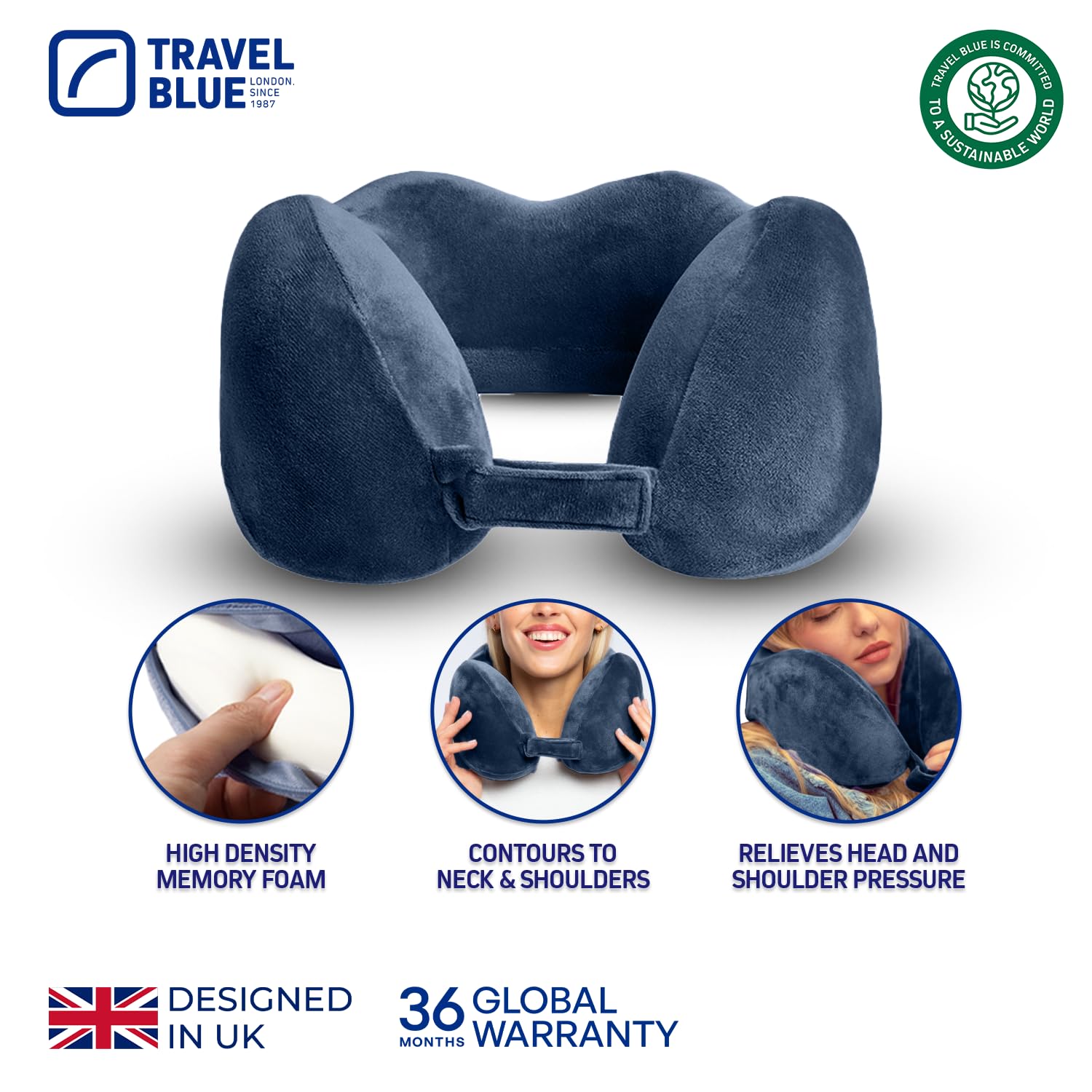 Travel Blue Almohada Cojín de Viaje de Espuma Viscoelástica Tranquility - Almohada Cervicales y Cuello de Viaje, Ajuste Más Ancho, Espuma de Memoria de Alta Densidad, Soporte Ergonómico (Blue)