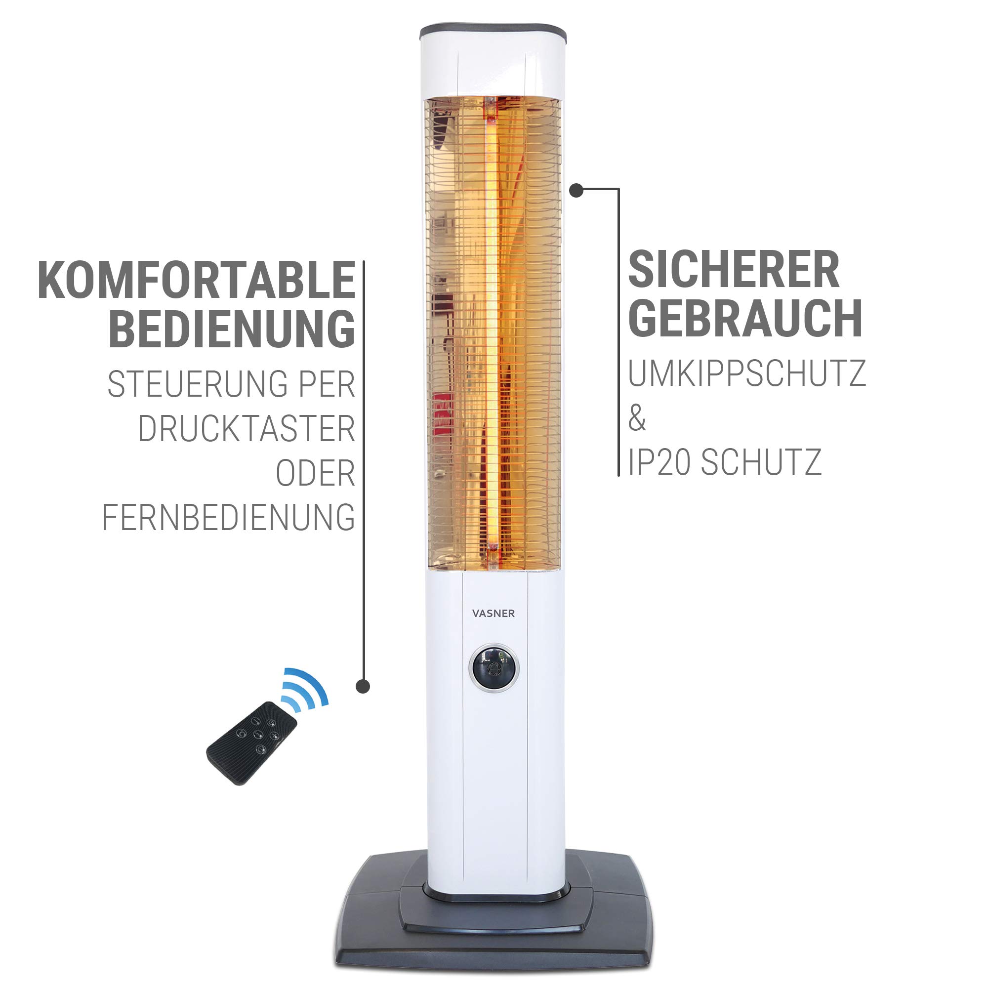 VASNER StandLine 23R – Infrarot Stand-Heizstrahler 2300 Watt 4 Stufen Dimmer Fernbedienung Infrarotstrahler elektrisch Standgerät für wettergeschützte Außenbereiche (Weiß)