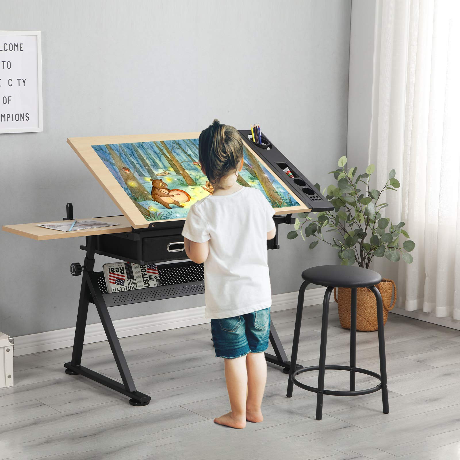 MIADOMODO® Tavolo da Disegno - Piano Inclinabile, Altezza Regolabile, con 2 Cassetti e Sgabello, Artistico, da Architetto - Scrivania da Disegno Tecnico
