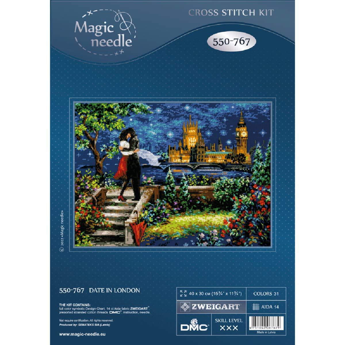 Magic needle 550-767 ZW Rendezvous in London - Kit de punto de cruz con patrón de recuento Zweigart Edition, algodón, multicolor, 40 x 30 cm