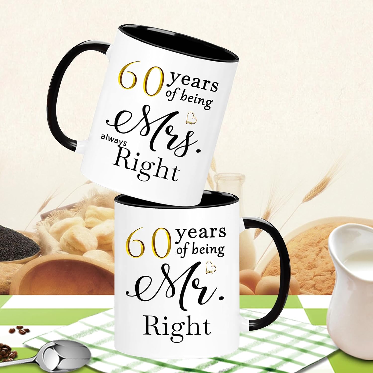 WOSIWULA 60 Year Anniversary Birthday Coffee Mugs Set of 2, 60th Wedding Anniversary Decorations Gifts for Couple Grandparents Parents Women Men Wife Husband Her Him, 60th Birthday Gifts, 11oz - Image 3