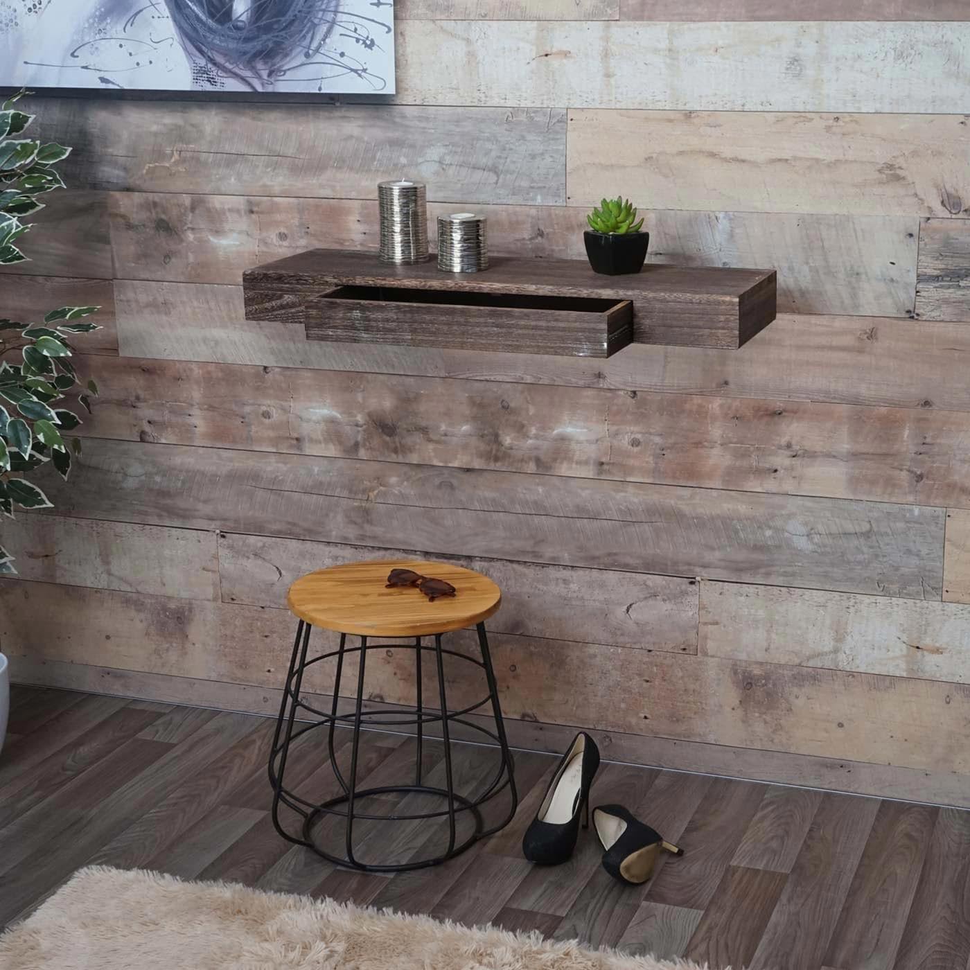 Mendler Estantería de pared HWC-H37 con cajón de madera maciza, 8 x 80 x 25 cm, color blanco | Estantería flotante para pared, estantería colgante